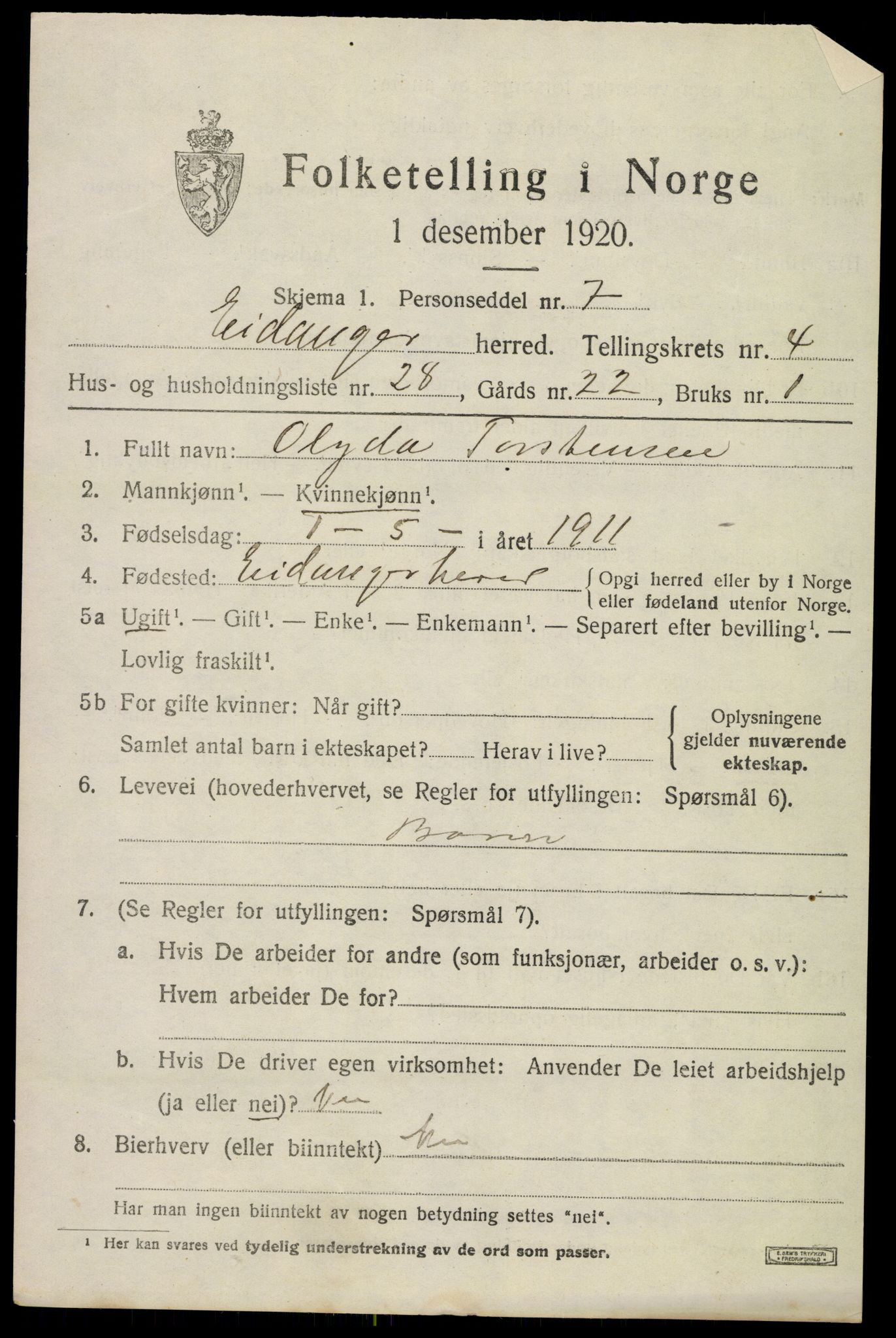 SAKO, 1920 census for Eidanger, 1920, p. 4098