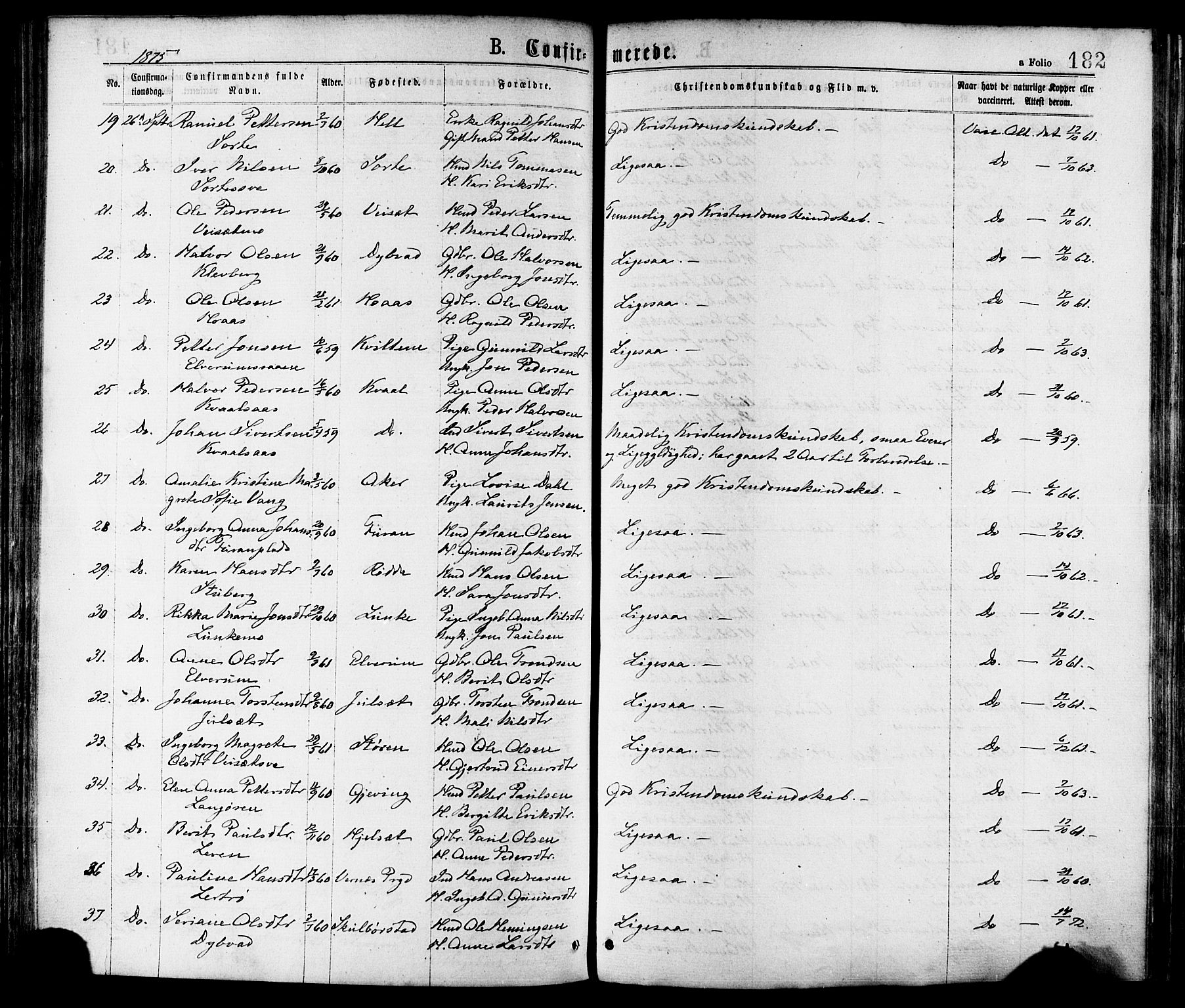 Ministerialprotokoller, klokkerbøker og fødselsregistre - Nord-Trøndelag, SAT/A-1458/709/L0076: Parish register (official) no. 709A16, 1871-1879, p. 182