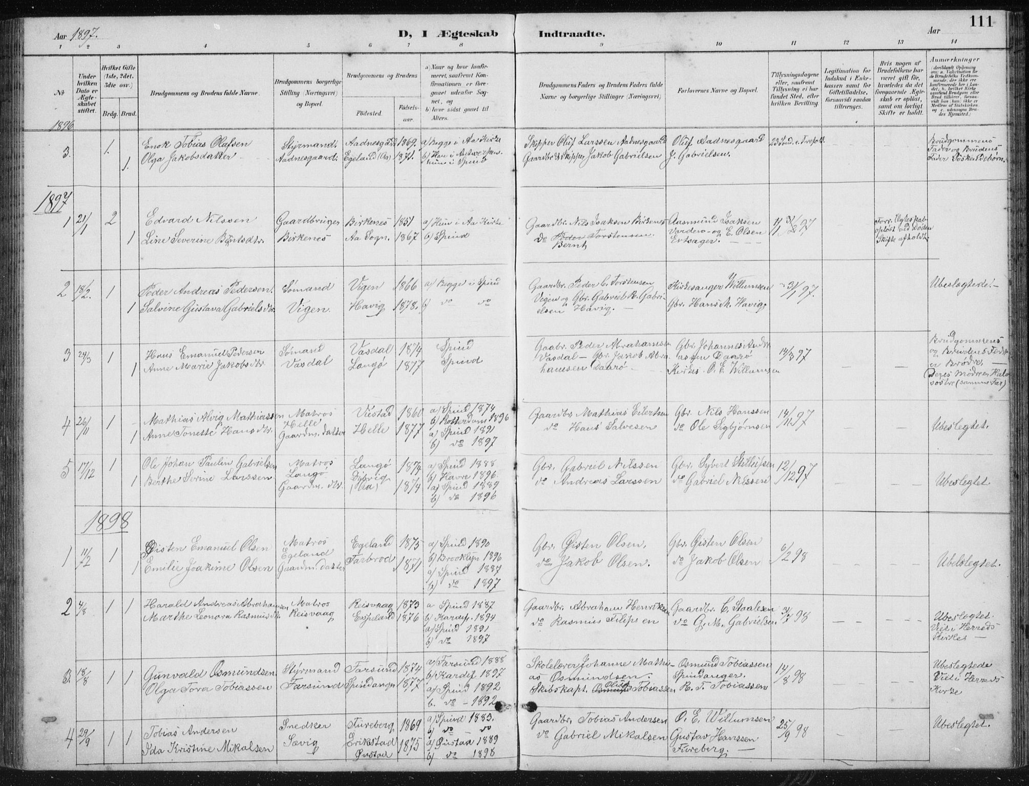 Herad sokneprestkontor, AV/SAK-1111-0018/F/Fb/Fbb/L0004: Parish register (copy) no. B 4, 1890-1935, p. 111