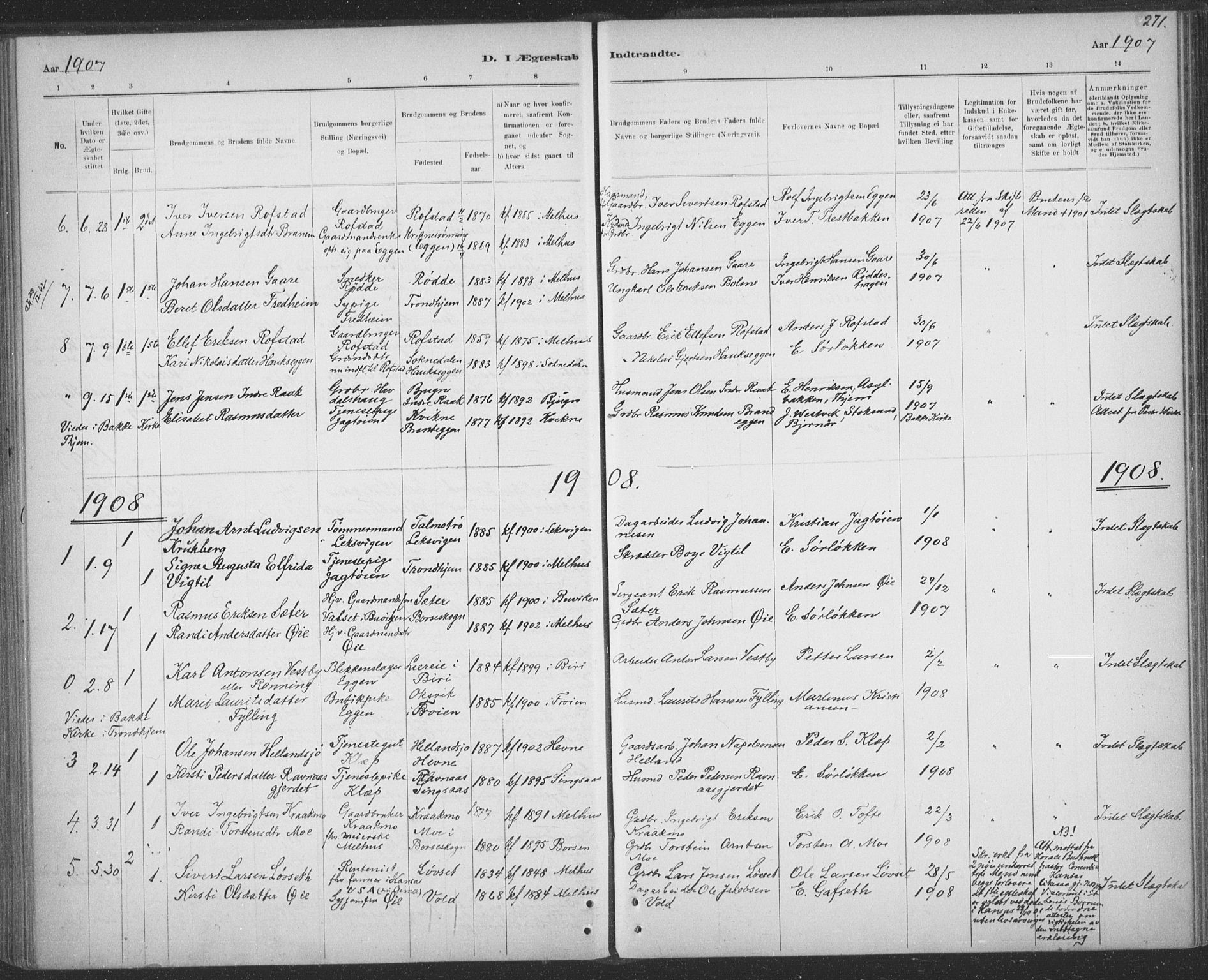 Ministerialprotokoller, klokkerbøker og fødselsregistre - Sør-Trøndelag, AV/SAT-A-1456/691/L1085: Parish register (official) no. 691A17, 1887-1908, p. 271