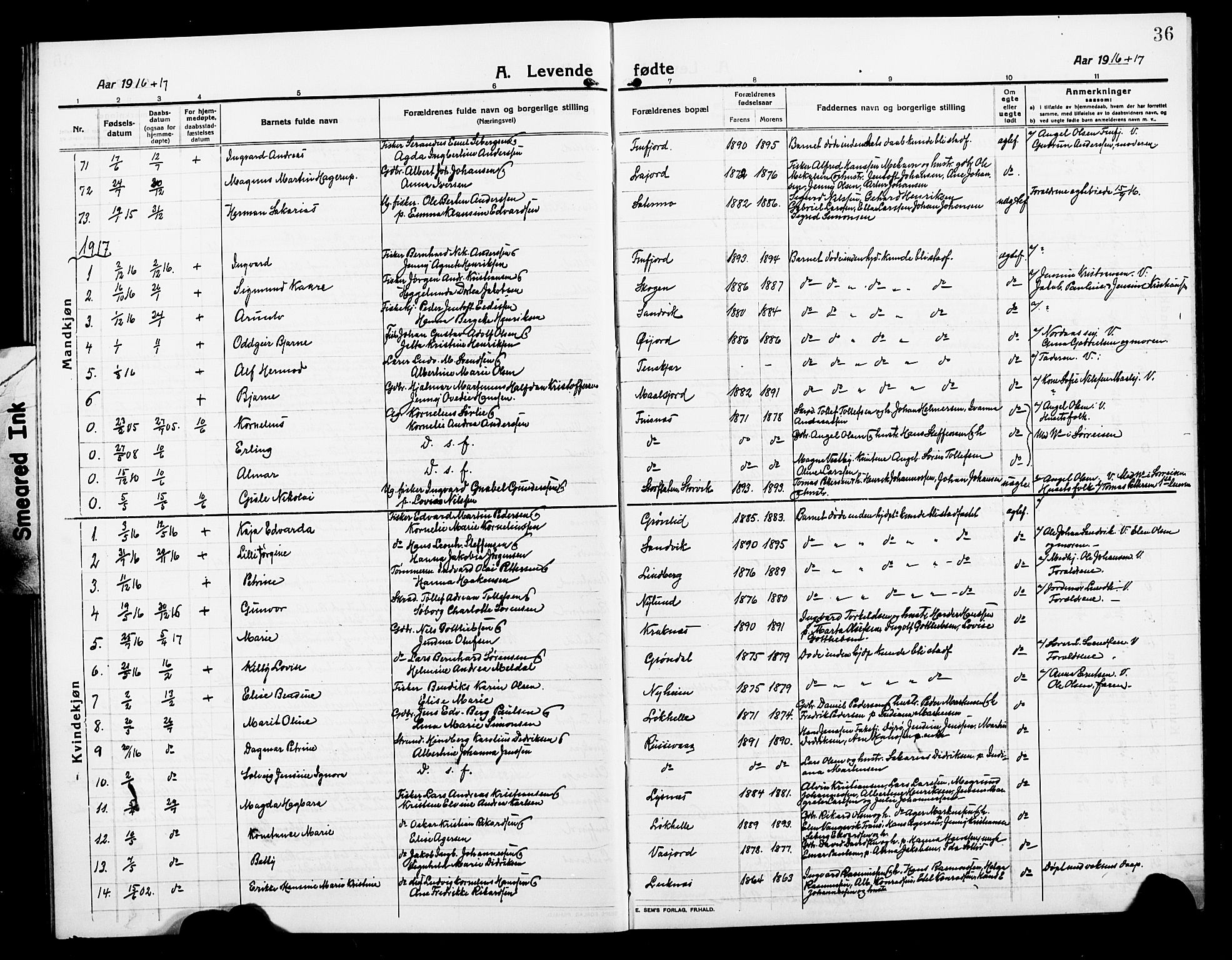 Lenvik sokneprestembete, SATØ/S-1310/H/Ha/Hab/L0009klokker: Parish register (copy) no. 9, 1912-1926, p. 36
