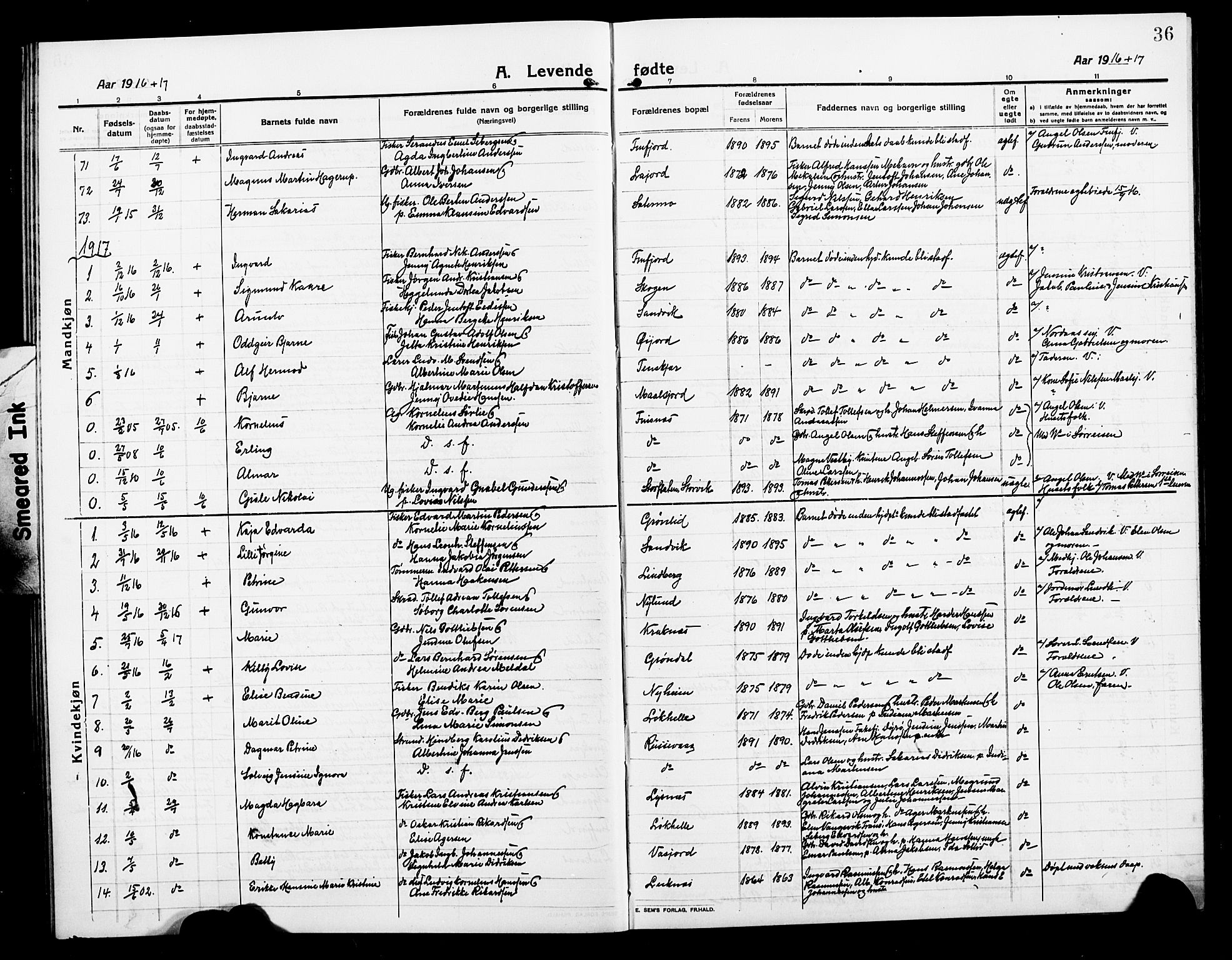 Lenvik sokneprestembete, AV/SATØ-S-1310/H/Ha/Hab/L0009klokker: Parish register (copy) no. 9, 1912-1926, p. 36