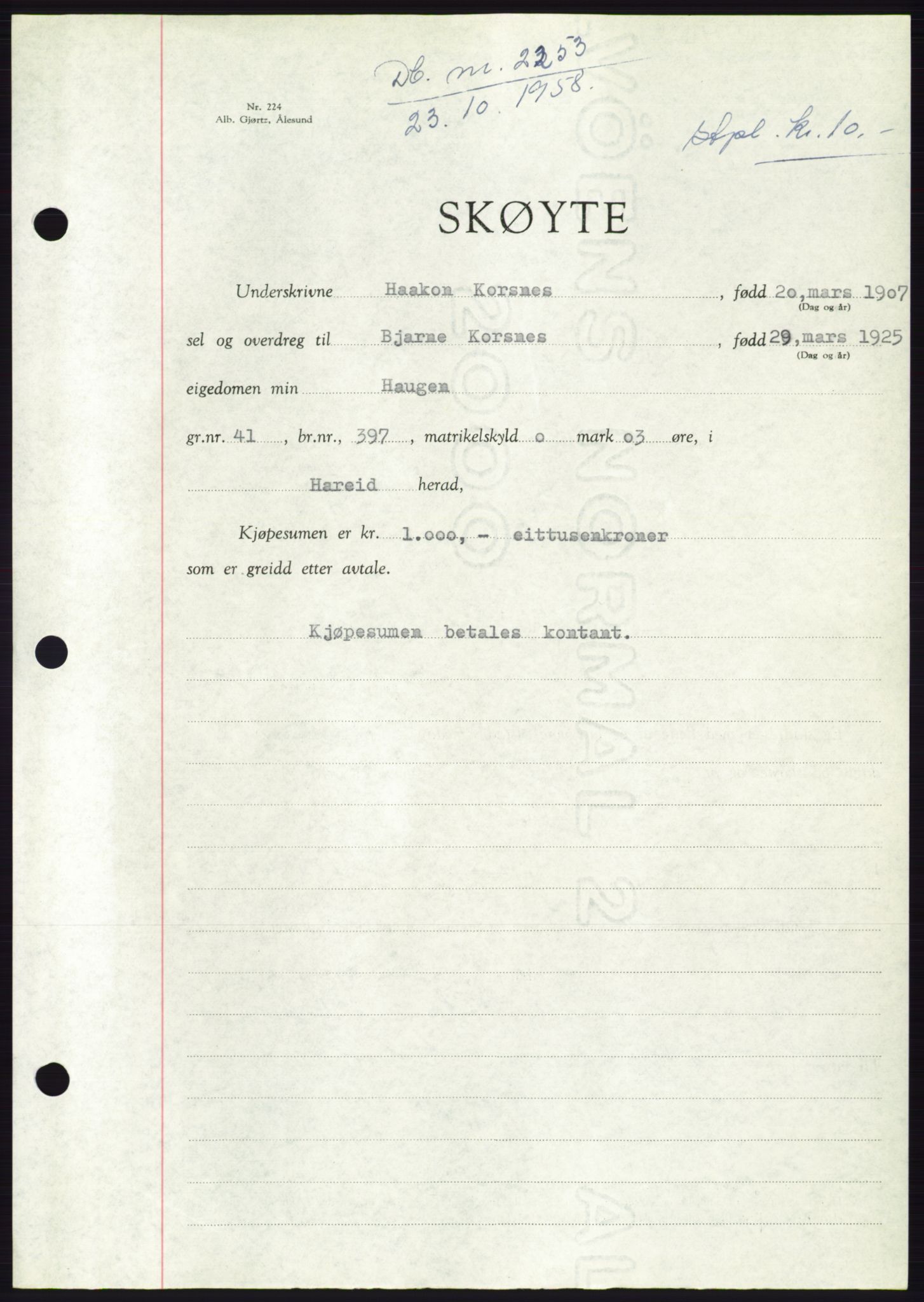 Søre Sunnmøre sorenskriveri, AV/SAT-A-4122/1/2/2C/L0110: Mortgage book no. 36A, 1958-1958, Diary no: : 2253/1958