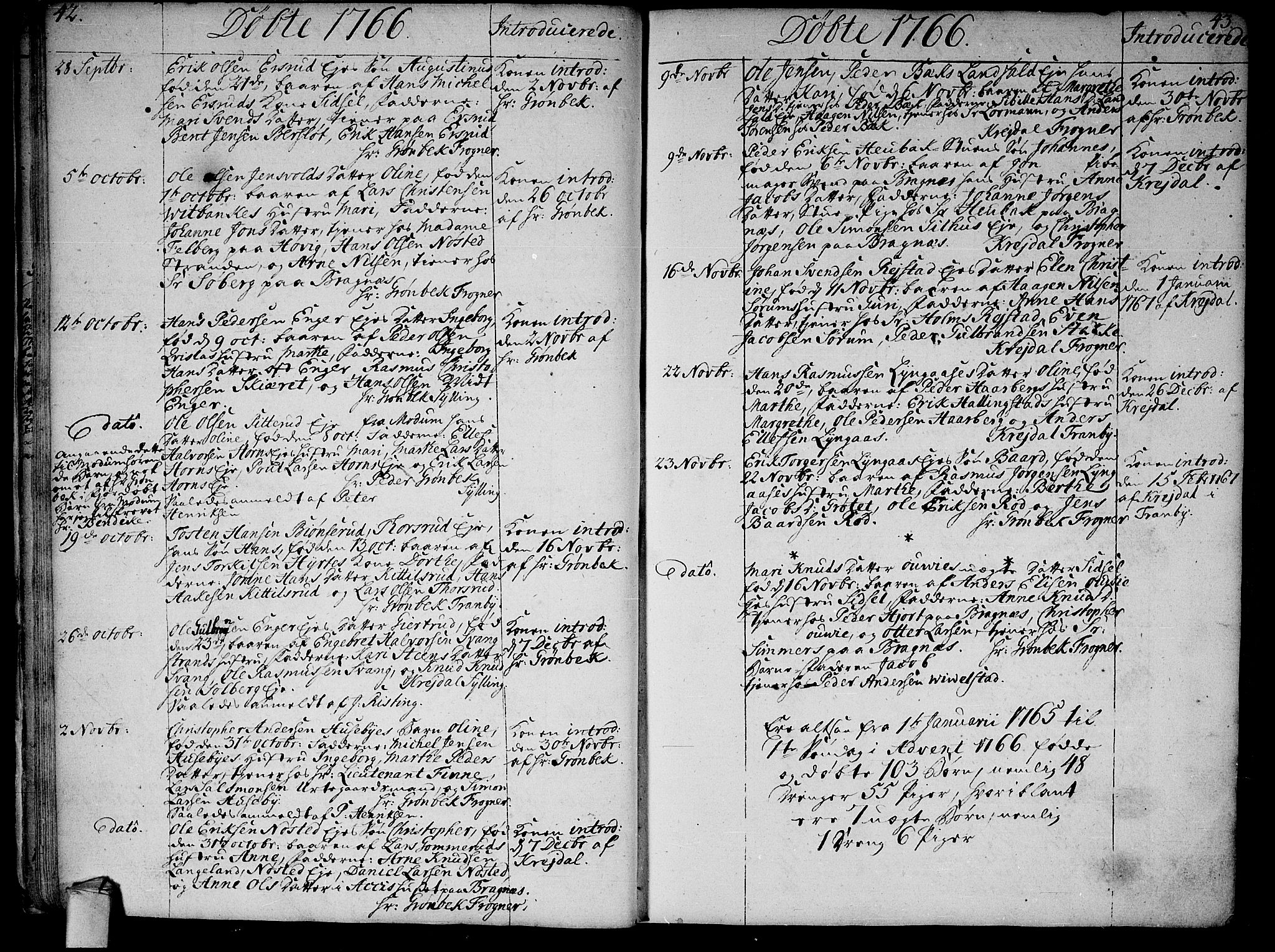 Lier kirkebøker, AV/SAKO-A-230/F/Fa/L0005: Parish register (official) no. I 5, 1764-1777, p. 42-43