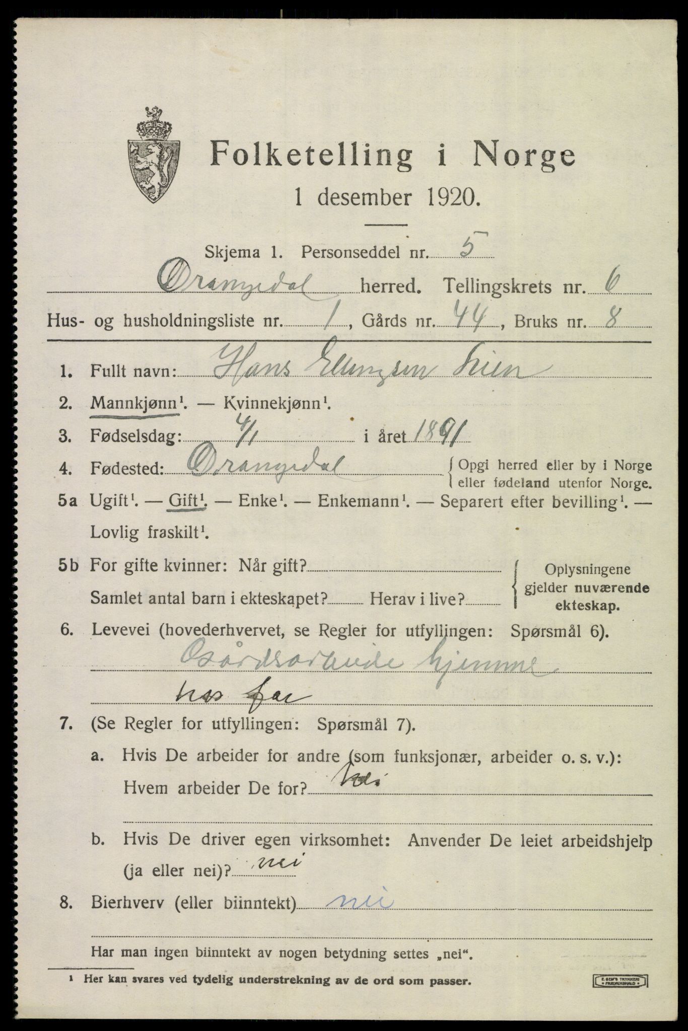 SAKO, 1920 census for Drangedal, 1920, p. 4237