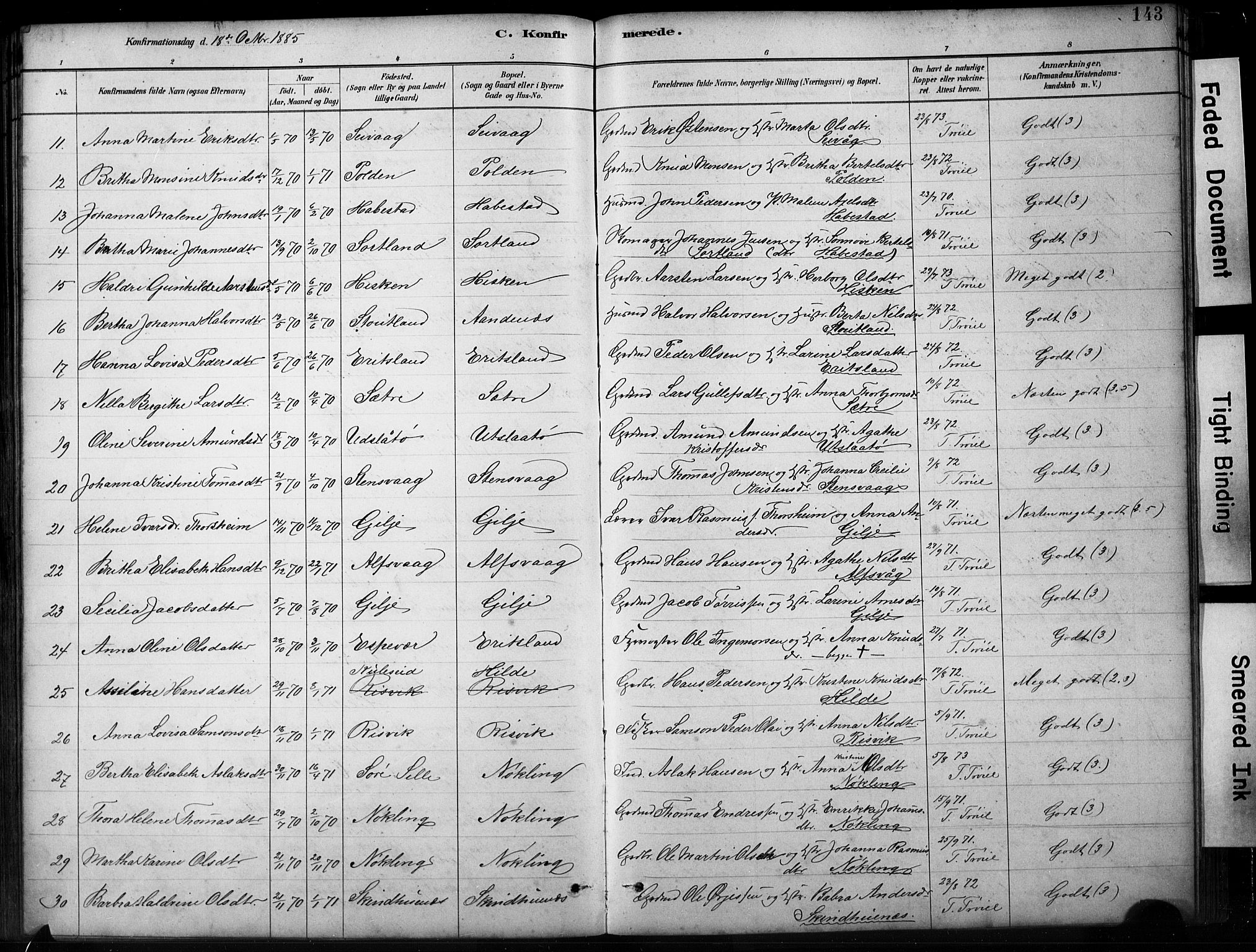 Finnås sokneprestembete, SAB/A-99925/H/Ha/Hab/Habb/L0003: Parish register (copy) no. B 3, 1882-1897, p. 143