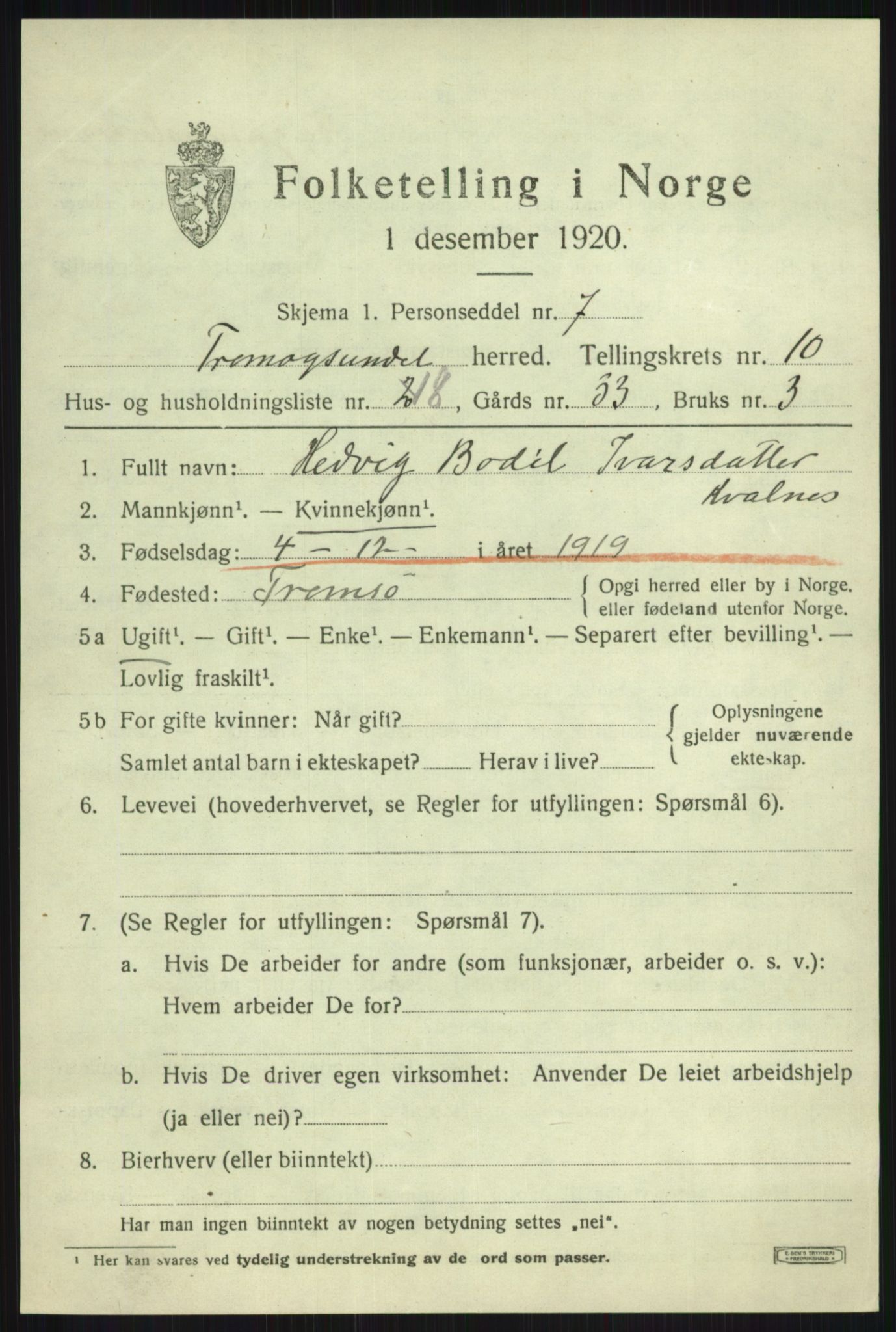 SATØ, 1920 census for Tromsøysund, 1920, p. 7174