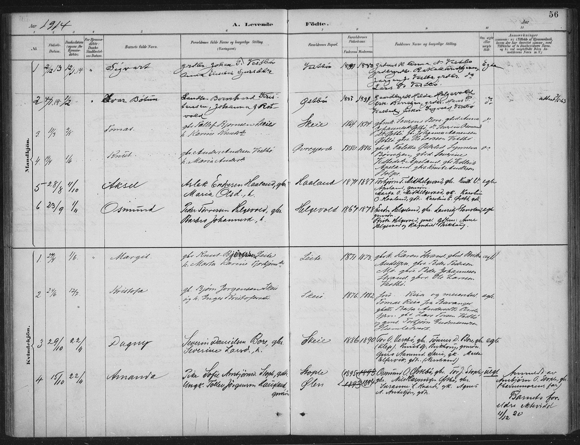 Vikedal sokneprestkontor, AV/SAST-A-101840/01/IV: Parish register (official) no. A 11, 1884-1933, p. 56