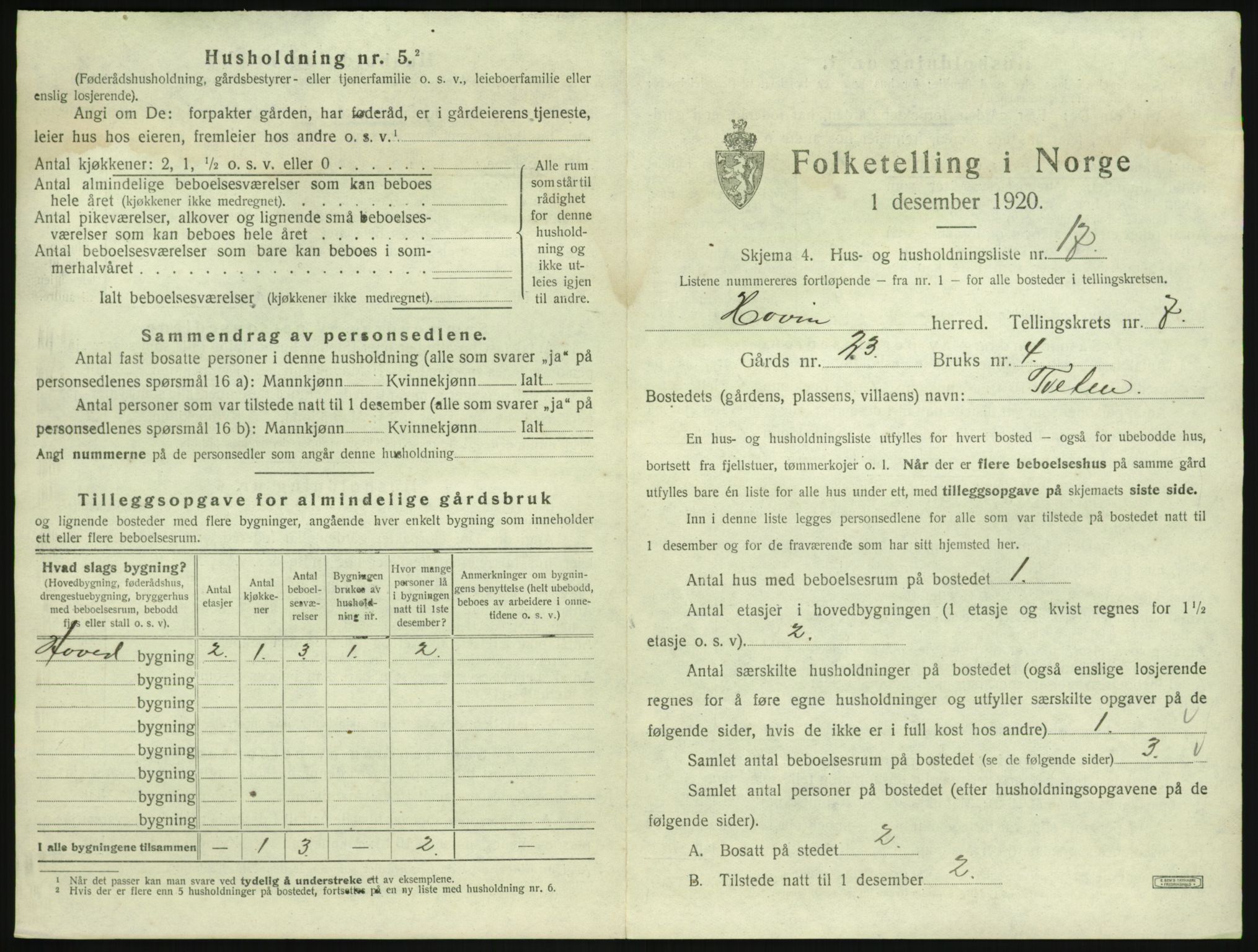 SAKO, 1920 census for Hovin, 1920, p. 353