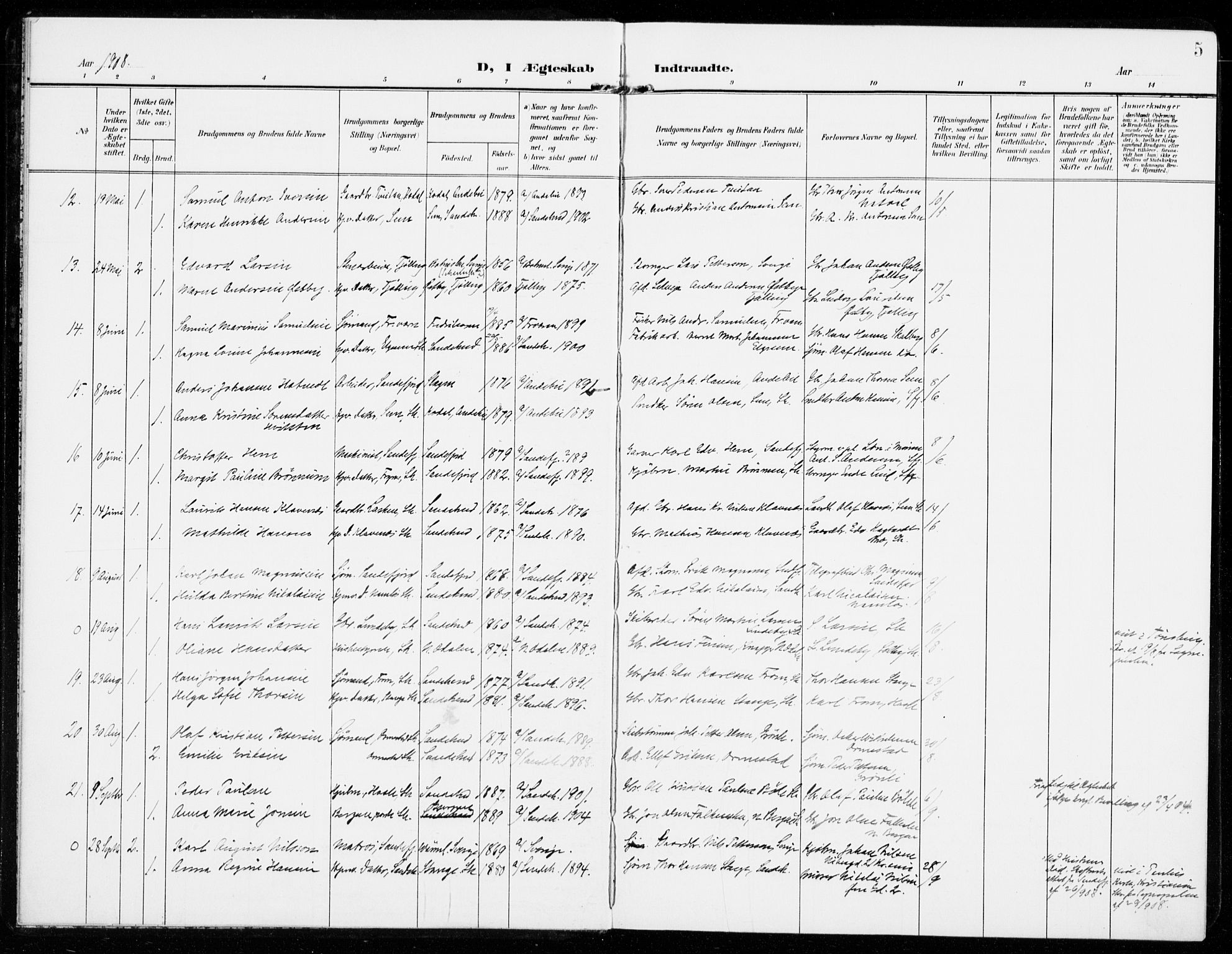 Sandar kirkebøker, AV/SAKO-A-243/F/Fa/L0019: Parish register (official) no. 19, 1908-1914, p. 5