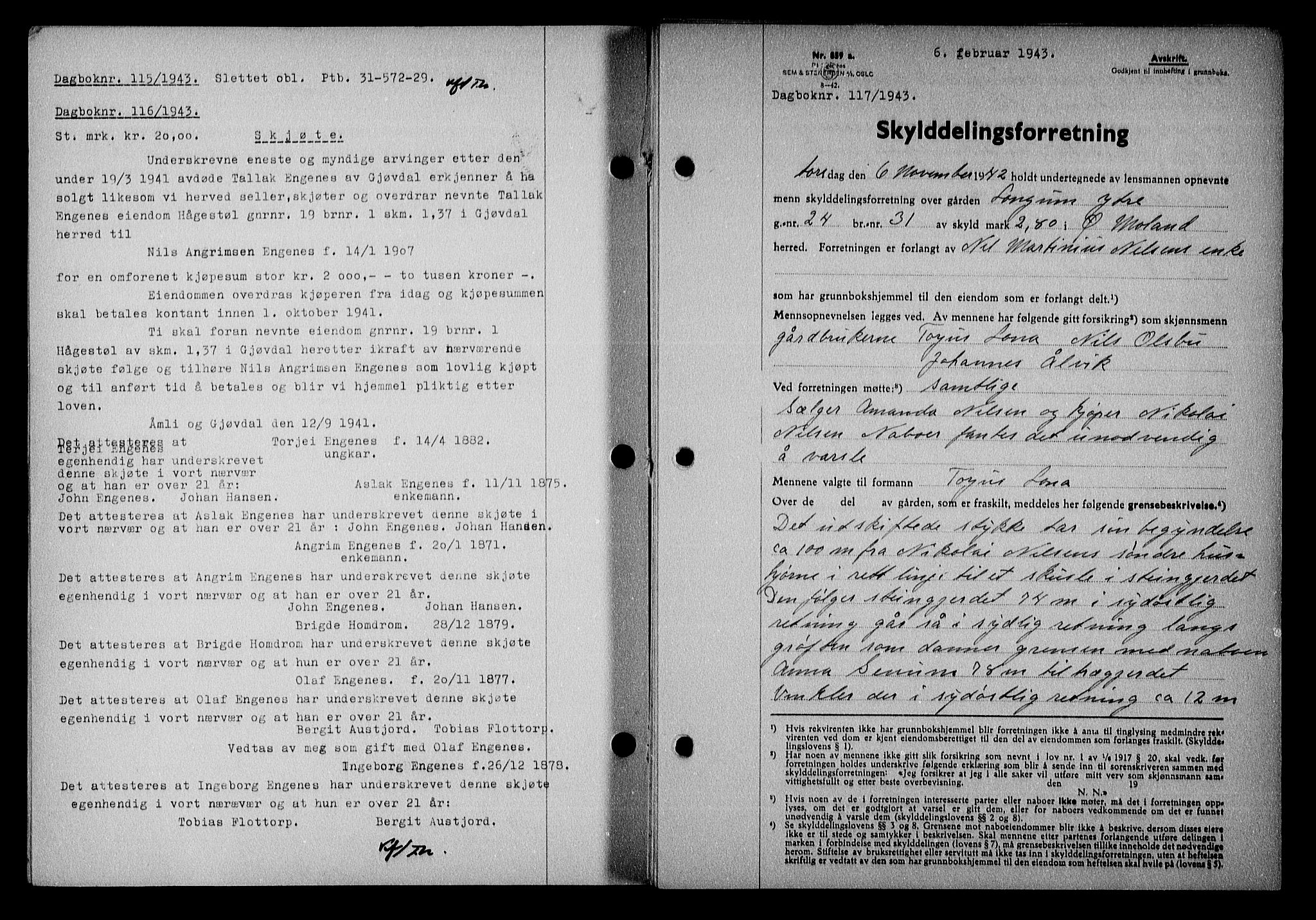 Nedenes sorenskriveri, SAK/1221-0006/G/Gb/Gba/L0050: Mortgage book no. A-IV, 1942-1943, Diary no: : 117/1943