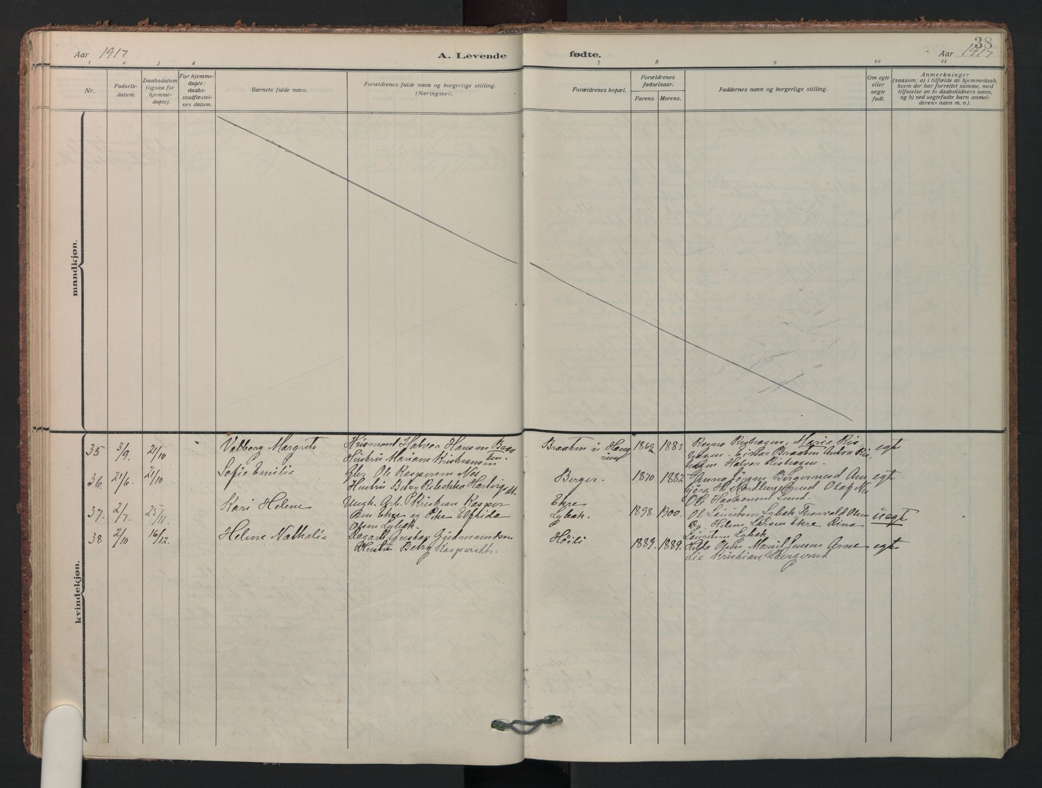 Aurskog prestekontor Kirkebøker, AV/SAO-A-10304a/F/Fa/L0014: Parish register (official) no. I 14, 1911-1926, p. 38