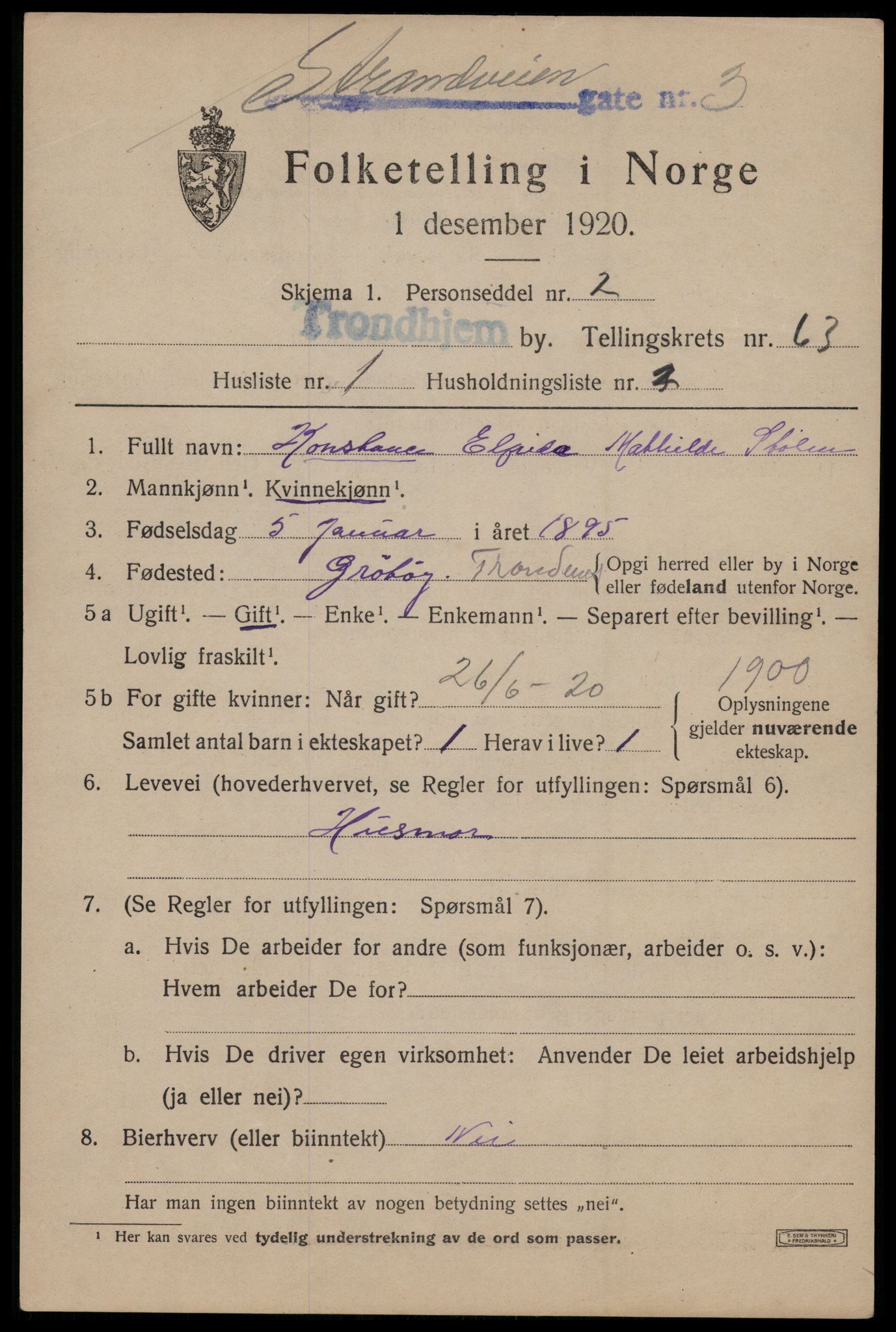 SAT, 1920 census for Trondheim, 1920, p. 125350