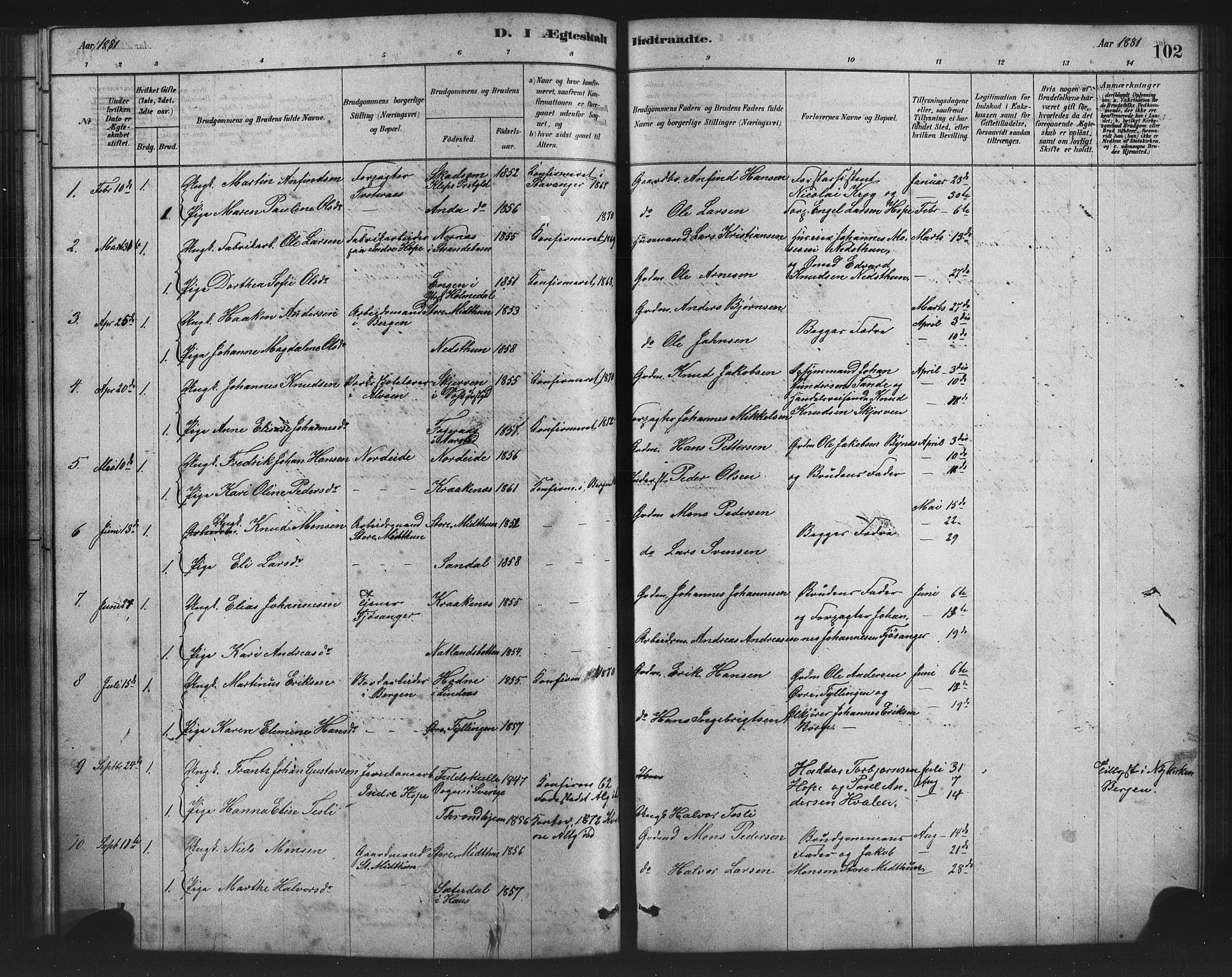 Birkeland Sokneprestembete, SAB/A-74601/H/Hab: Parish register (copy) no. A 3, 1877-1887, p. 102