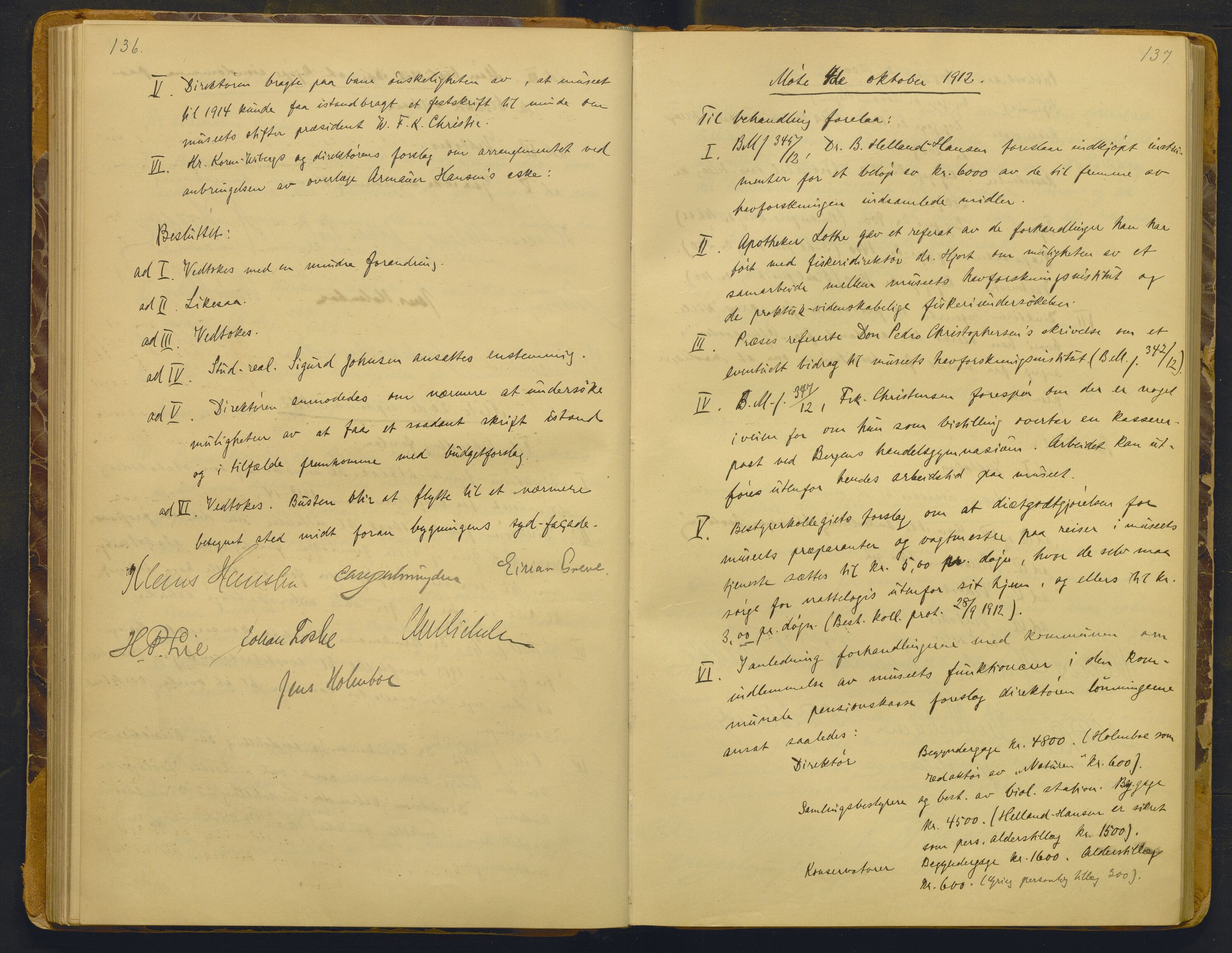 Bergens Museum, AV/SAB-A-17301/02/A/L0008: Forhandlingsprotokoll med register , 1906-1927, p. 136-137