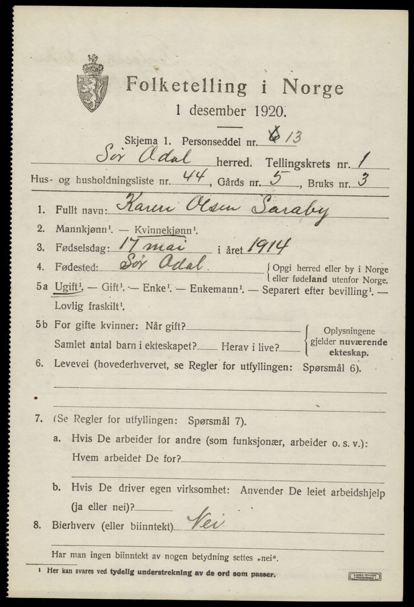 SAH, 1920 census for Sør-Odal, 1920, p. 2983