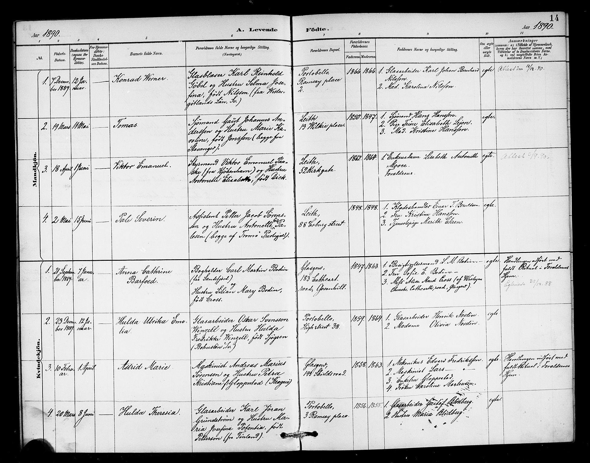 Den norske sjømannsmisjon i utlandet/Skotske havner (Leith, Glasgow), AV/SAB-SAB/PA-0100/H/Ha/Haa/L0003: Parish register (official) no. A 3, 1887-1898, p. 14