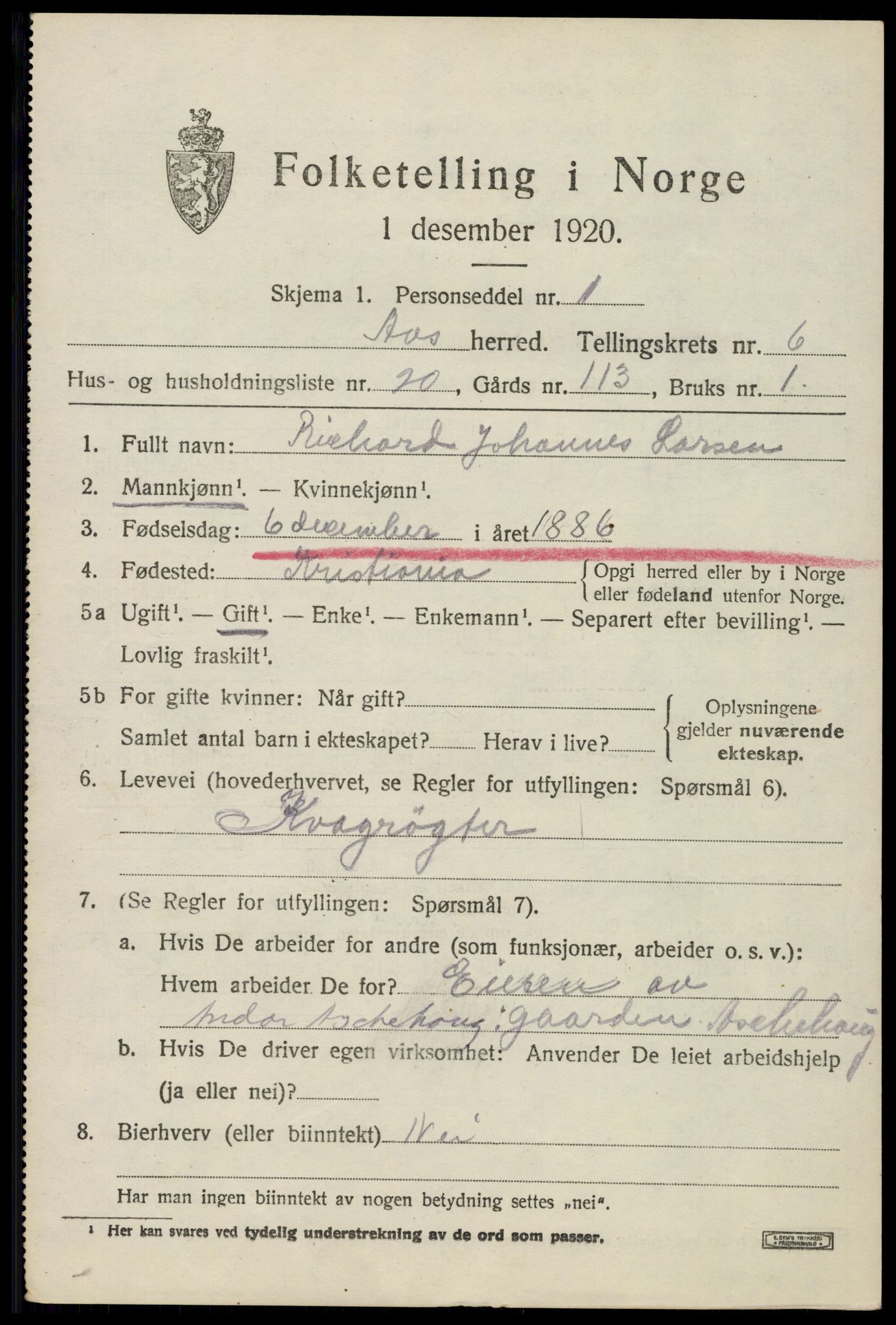 SAO, 1920 census for Ås, 1920, p. 7048