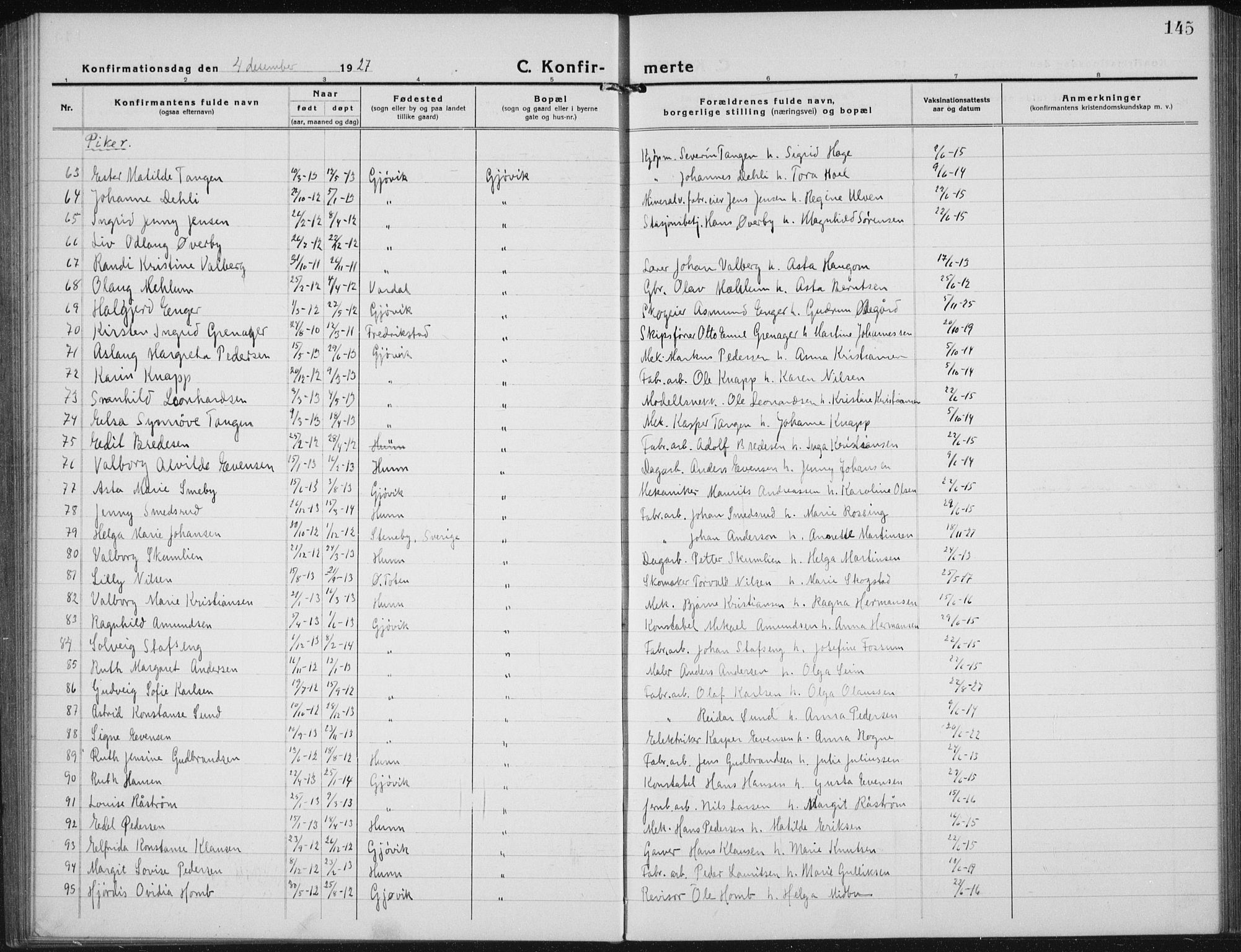 Vardal prestekontor, SAH/PREST-100/H/Ha/Hab/L0017: Parish register (copy) no. 17, 1922-1941, p. 145