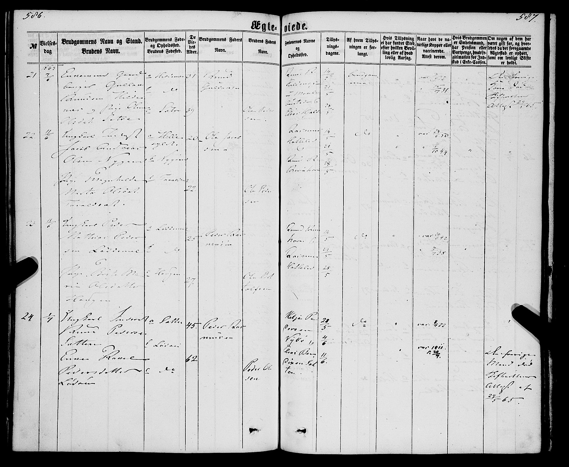 Eid sokneprestembete, AV/SAB-A-82301/H/Haa/Haaa/L0009: Parish register (official) no. A 9, 1861-1868, p. 586-587