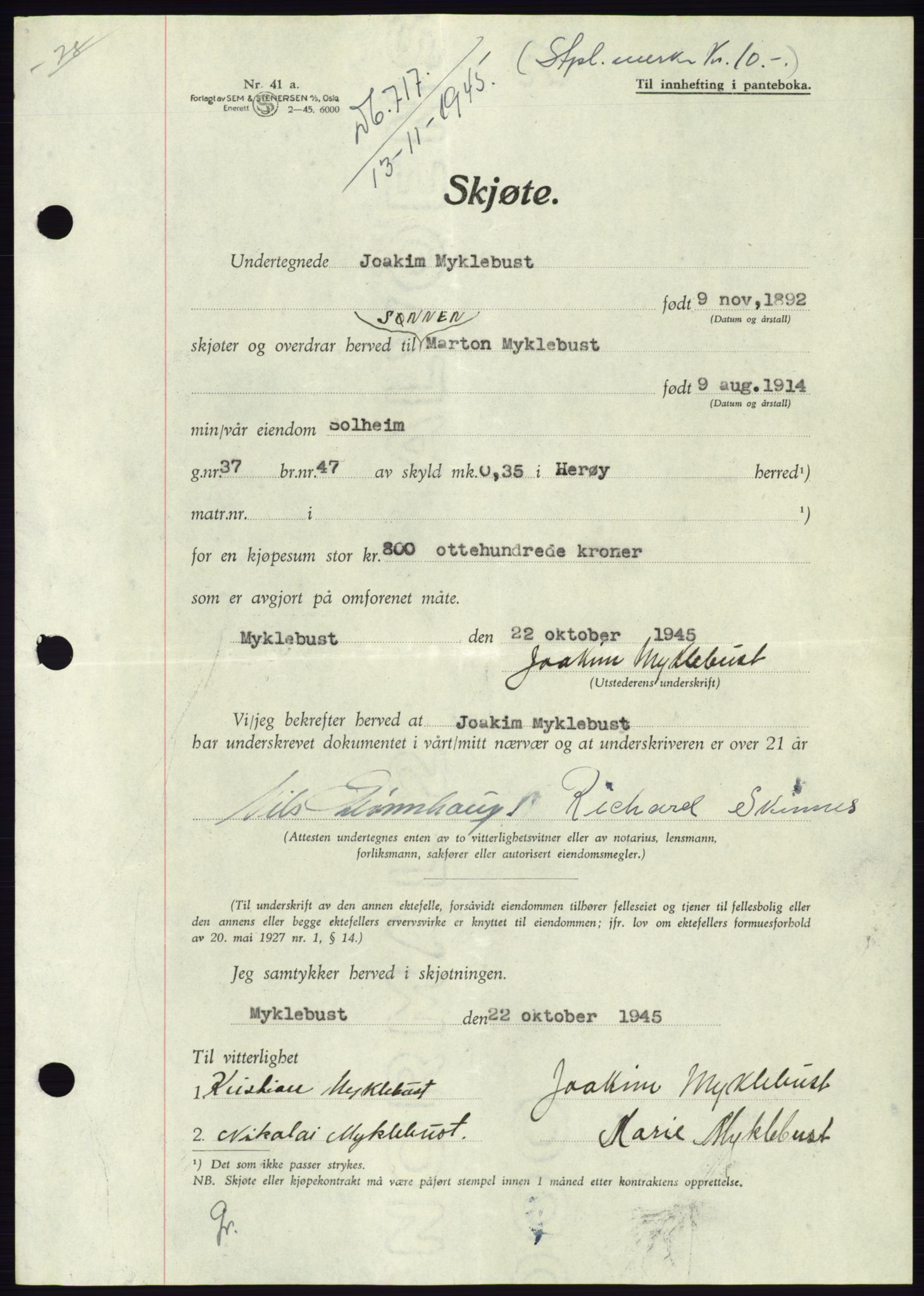 Søre Sunnmøre sorenskriveri, AV/SAT-A-4122/1/2/2C/L0077: Mortgage book no. 3A, 1945-1946, Diary no: : 717/1945