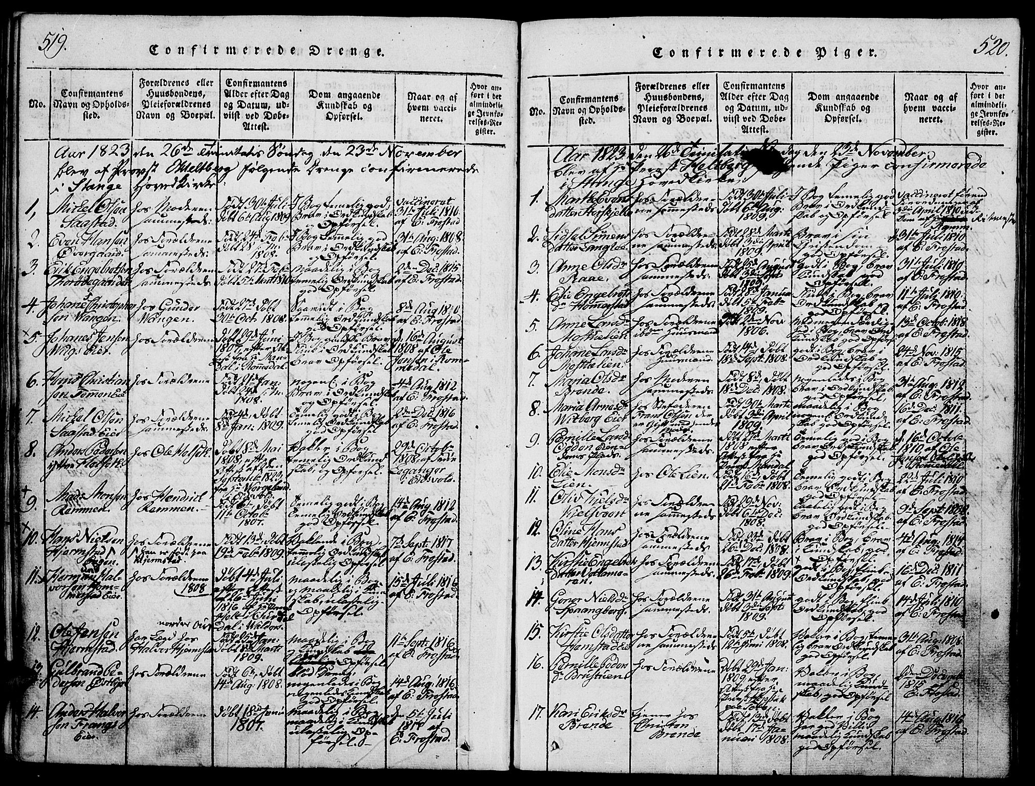 Stange prestekontor, SAH/PREST-002/K/L0008: Parish register (official) no. 8, 1814-1825, p. 519-520