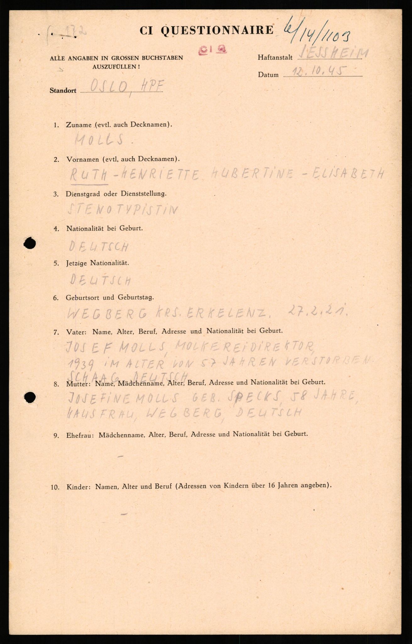 Forsvaret, Forsvarets overkommando II, RA/RAFA-3915/D/Db/L0022: CI Questionaires. Tyske okkupasjonsstyrker i Norge. Tyskere., 1945-1946, p. 171