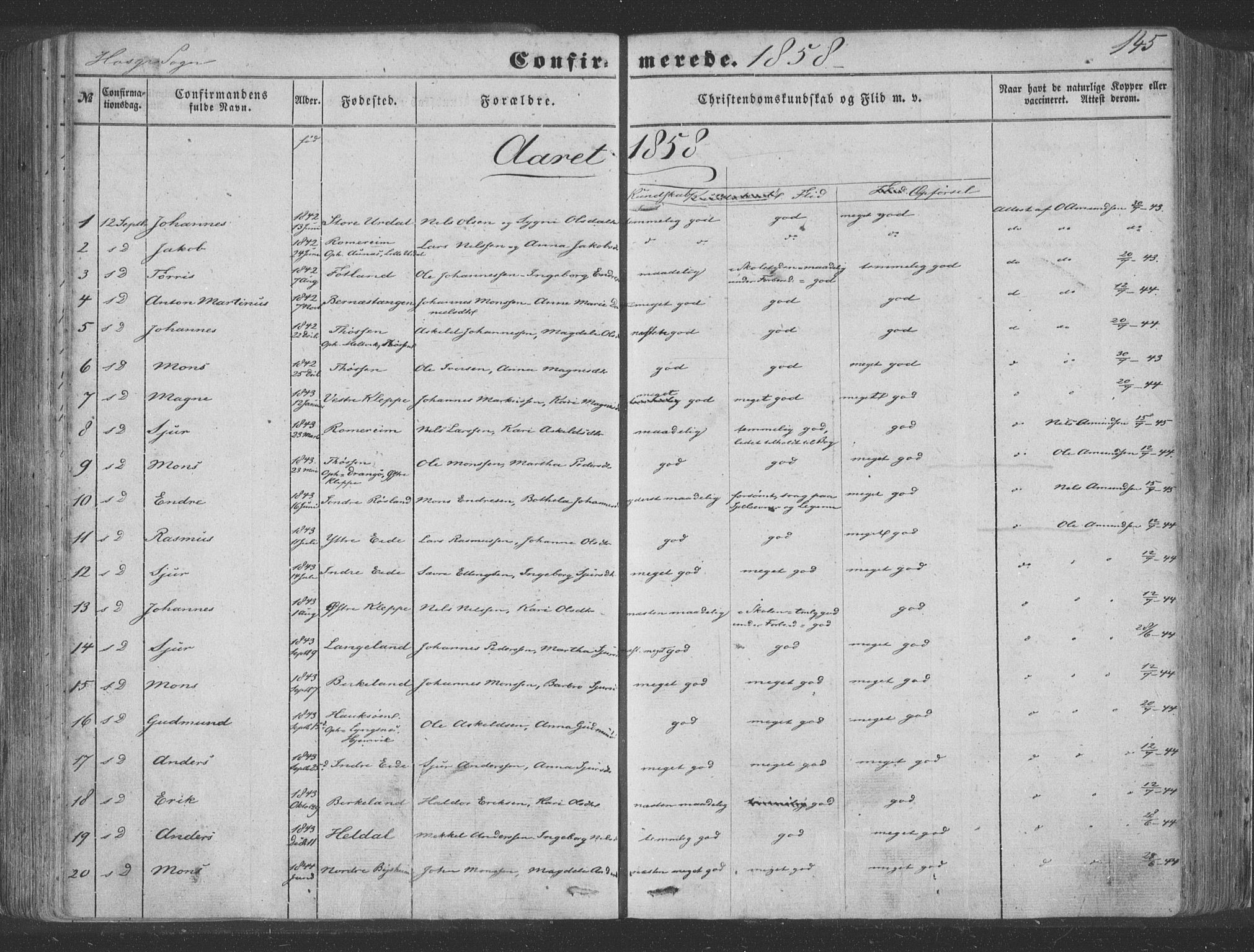 Hosanger sokneprestembete, SAB/A-75801/H/Haa: Parish register (official) no. A 8, 1849-1863, p. 145