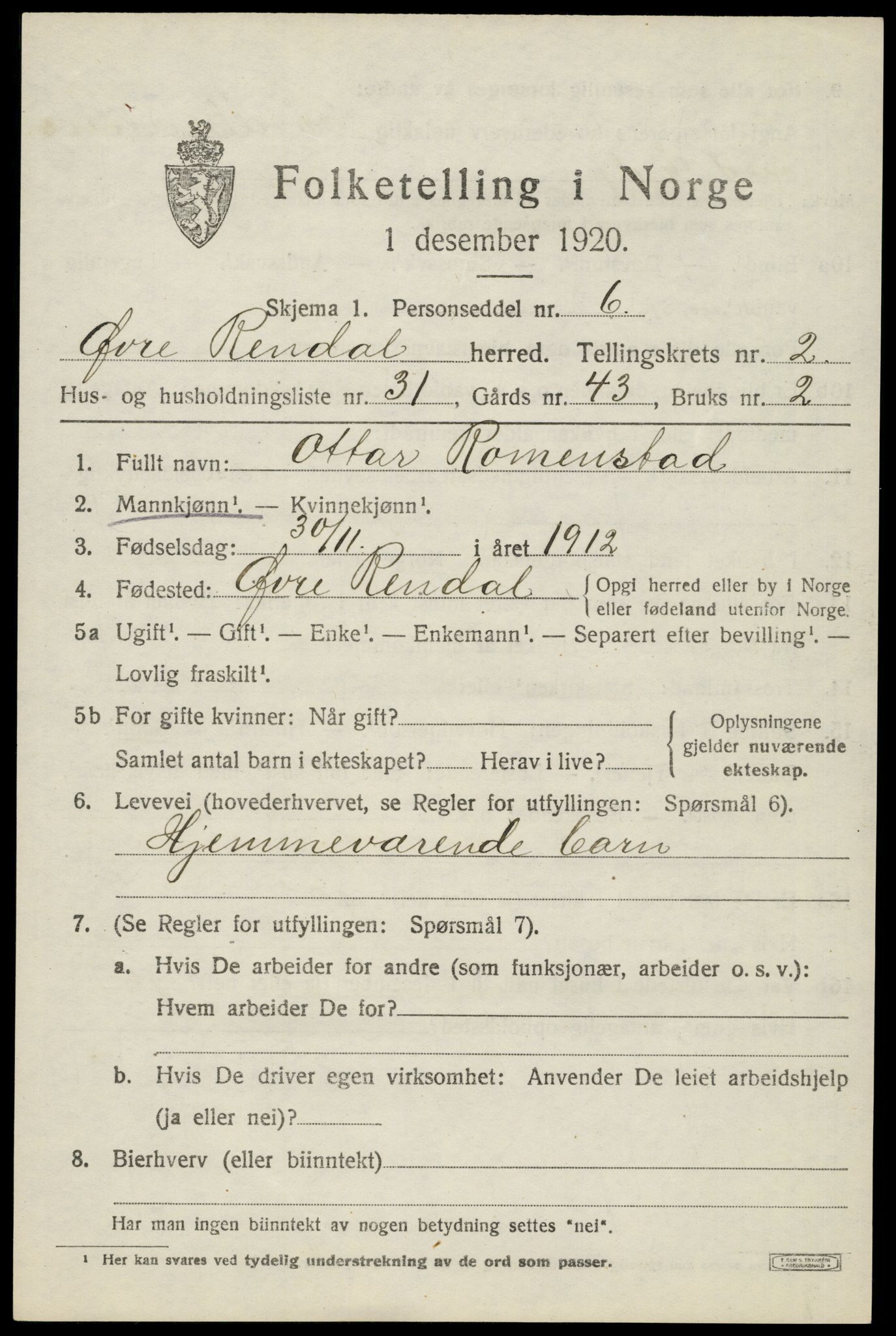 SAH, 1920 census for Øvre Rendal, 1920, p. 1289