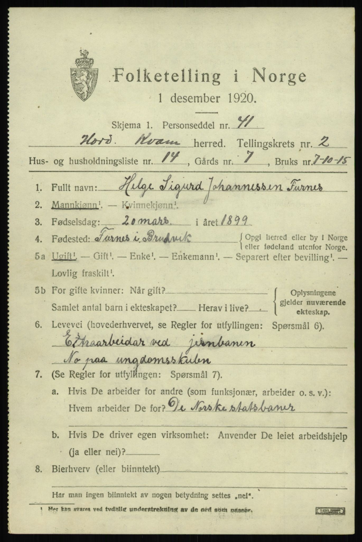 SAB, 1920 census for Kvam, 1920, p. 2051