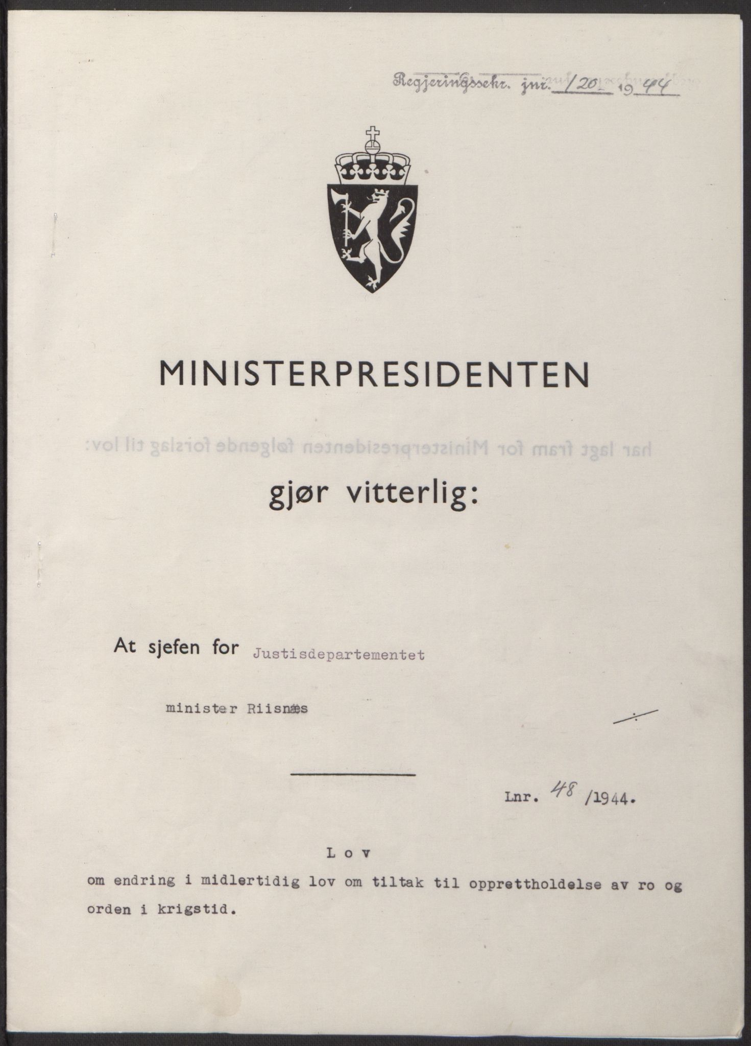 NS-administrasjonen 1940-1945 (Statsrådsekretariatet, de kommisariske statsråder mm), RA/S-4279/D/Db/L0100: Lover, 1944, p. 226