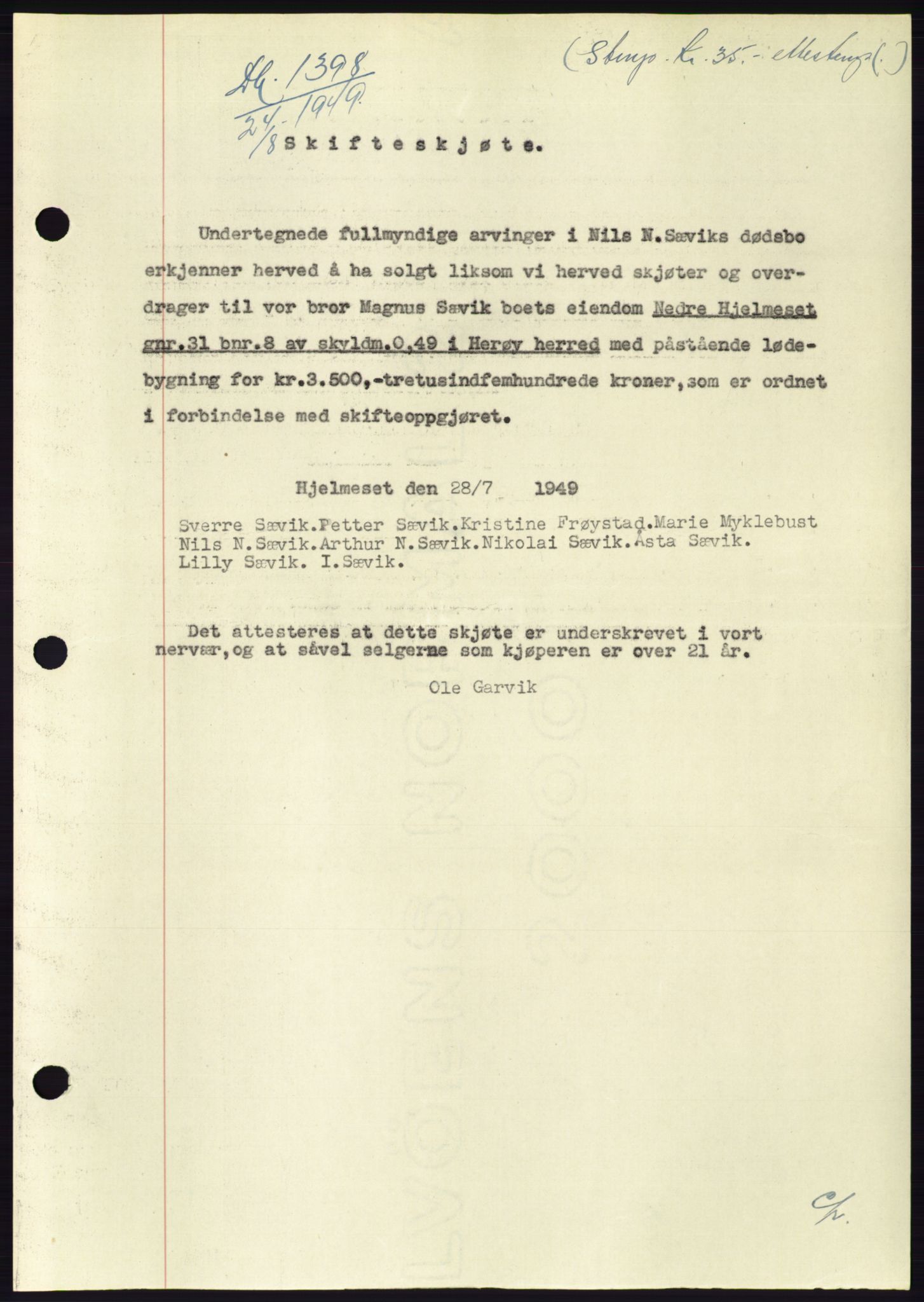 Søre Sunnmøre sorenskriveri, AV/SAT-A-4122/1/2/2C/L0085: Mortgage book no. 11A, 1949-1949, Diary no: : 1398/1949