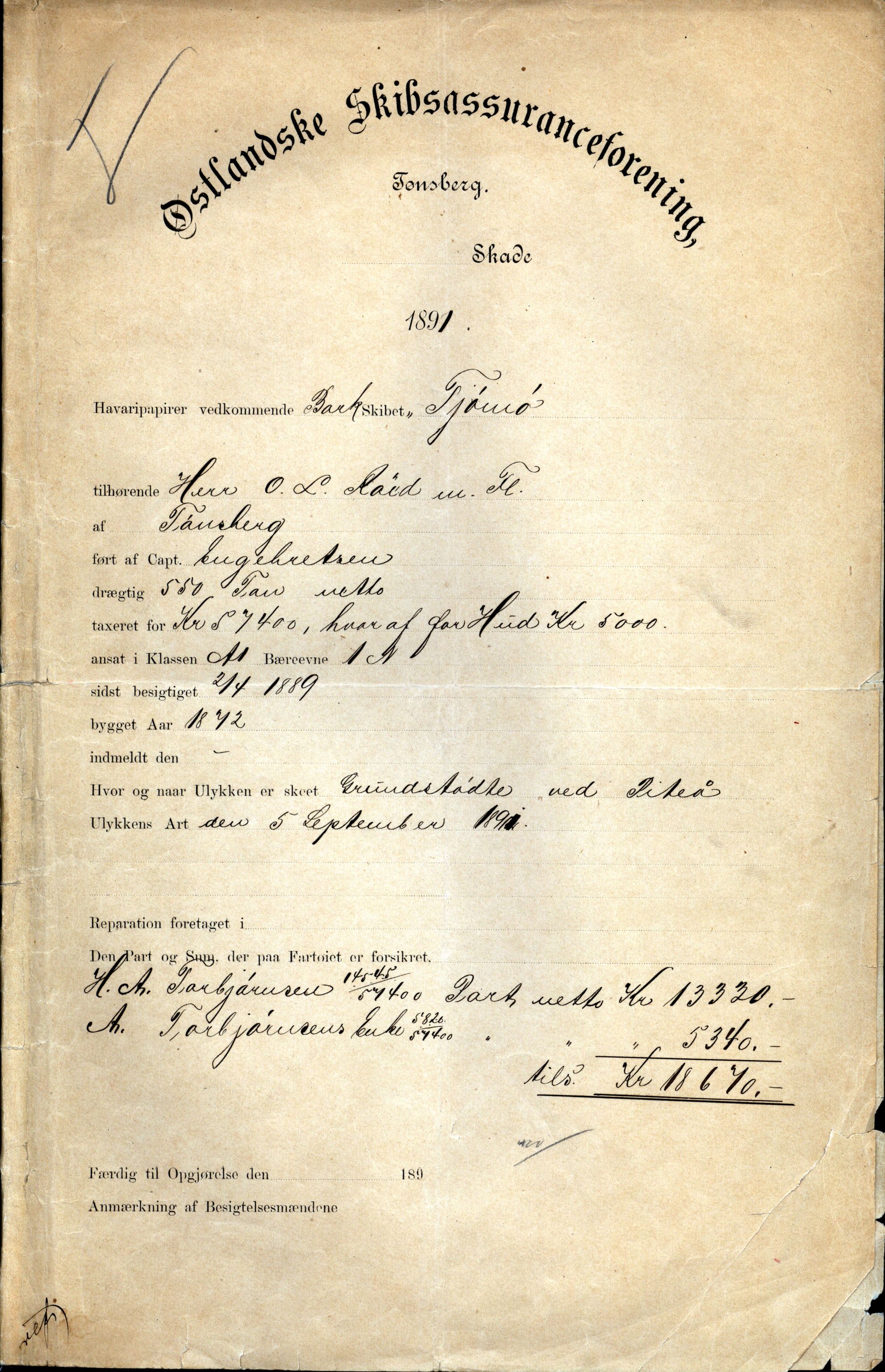 Pa 63 - Østlandske skibsassuranceforening, VEMU/A-1079/G/Ga/L0028/0005: Havaridokumenter / Tjømø, Magnolia, Caroline, Olaf, Stjernen, 1892, p. 1