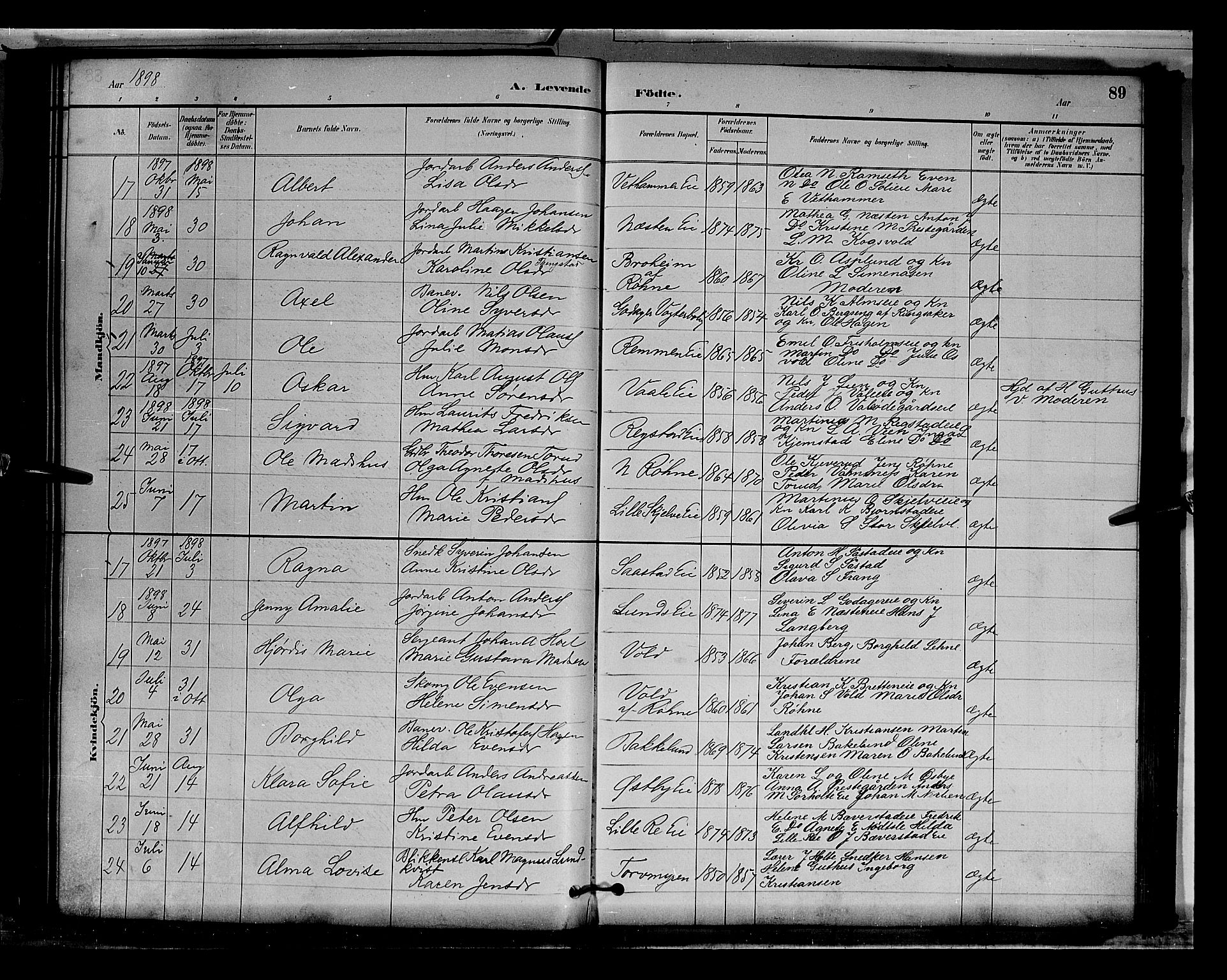 Stange prestekontor, AV/SAH-PREST-002/L/L0009: Parish register (copy) no. 9, 1883-1899, p. 89