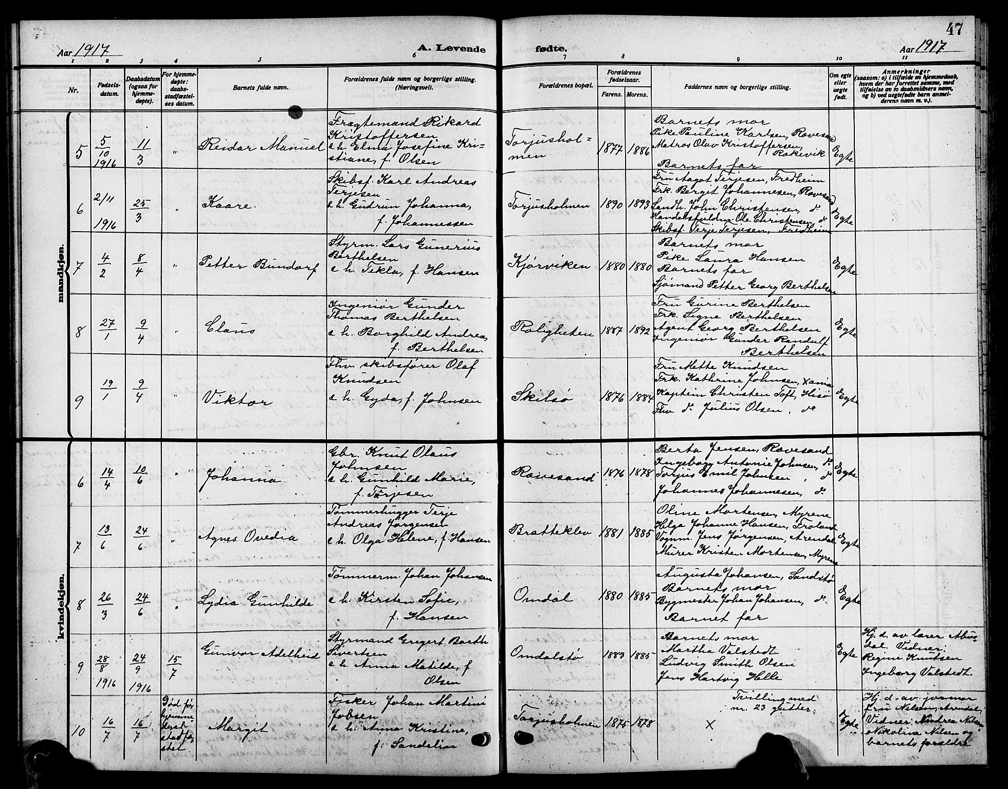 Tromøy sokneprestkontor, AV/SAK-1111-0041/F/Fb/L0007: Parish register (copy) no. B 7, 1908-1925, p. 47