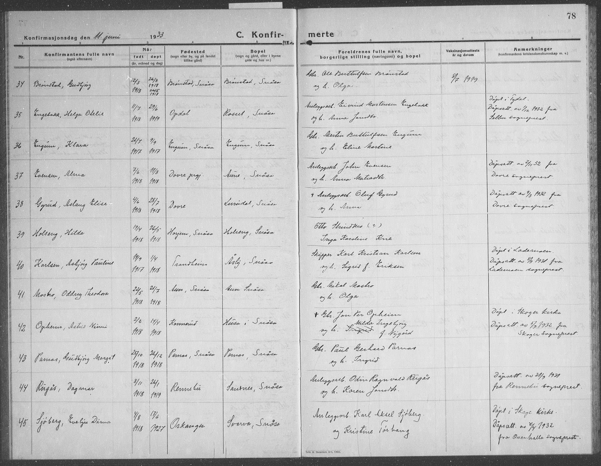 Ministerialprotokoller, klokkerbøker og fødselsregistre - Nord-Trøndelag, AV/SAT-A-1458/749/L0481: Parish register (copy) no. 749C03, 1933-1945, p. 78