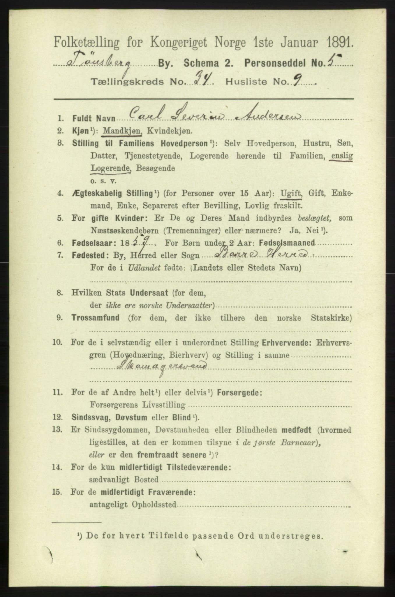 RA, 1891 census for 0705 Tønsberg, 1891, p. 7761