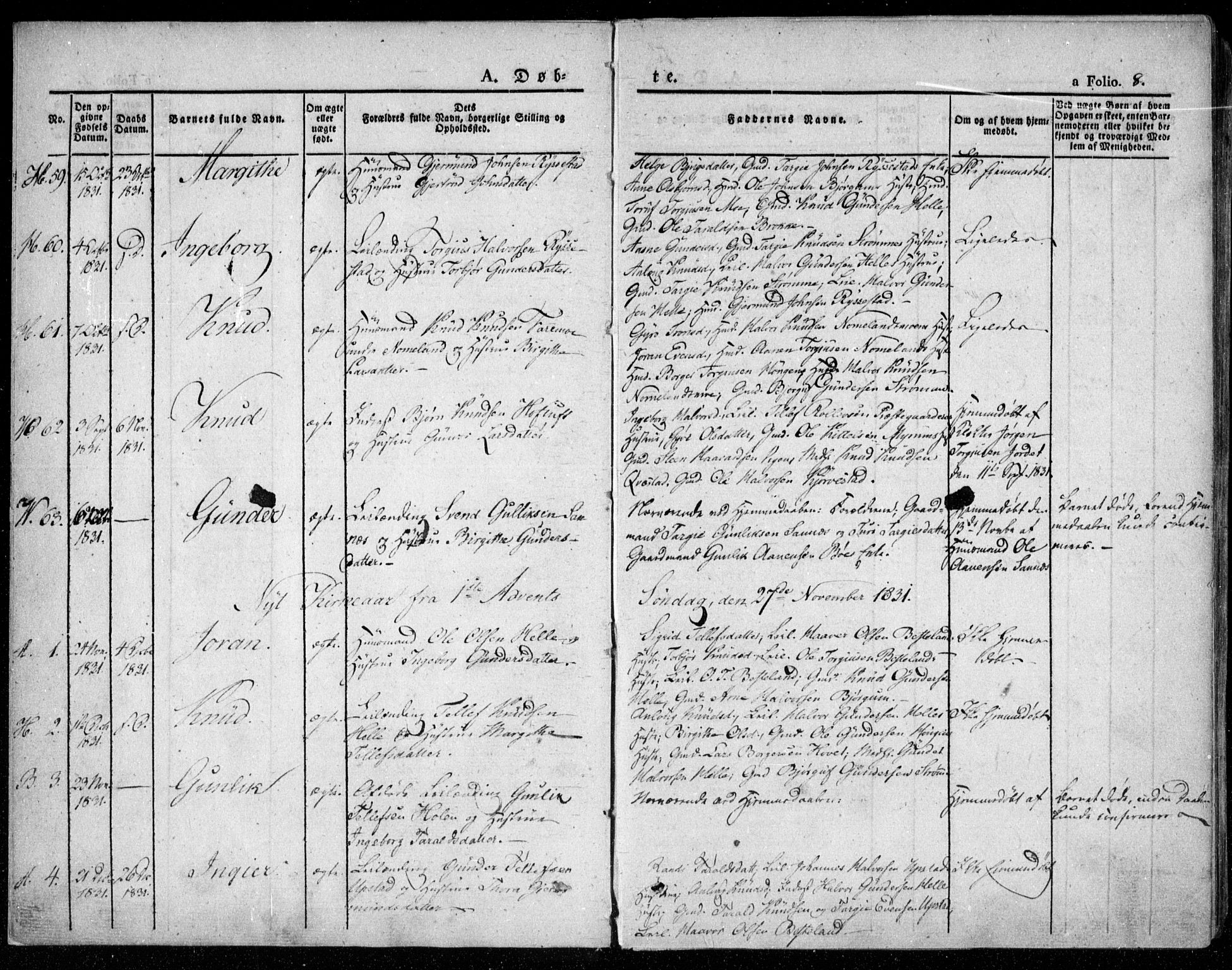 Valle sokneprestkontor, AV/SAK-1111-0044/F/Fa/Fac/L0006: Parish register (official) no. A 6, 1831-1853, p. 8