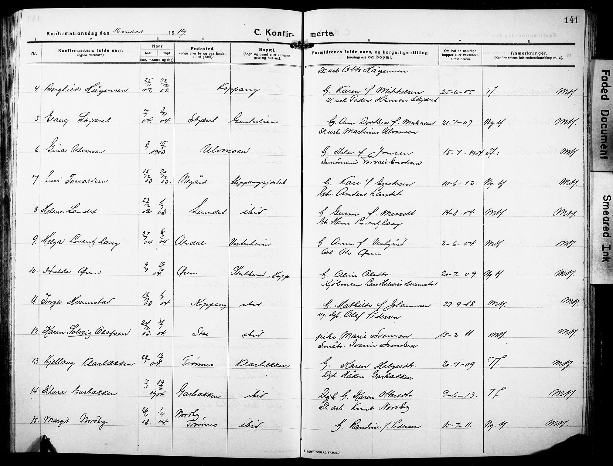 Stor-Elvdal prestekontor, SAH/PREST-052/H/Ha/Hab/L0005: Parish register (copy) no. 5, 1913-1932, p. 141