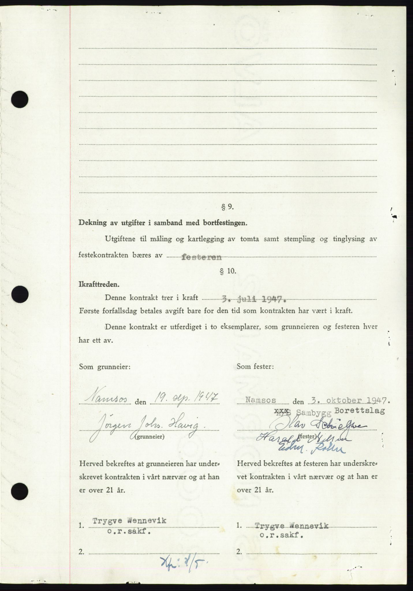 Namdal sorenskriveri, SAT/A-4133/1/2/2C: Mortgage book no. -, 1947-1948, Diary no: : 2851/1947