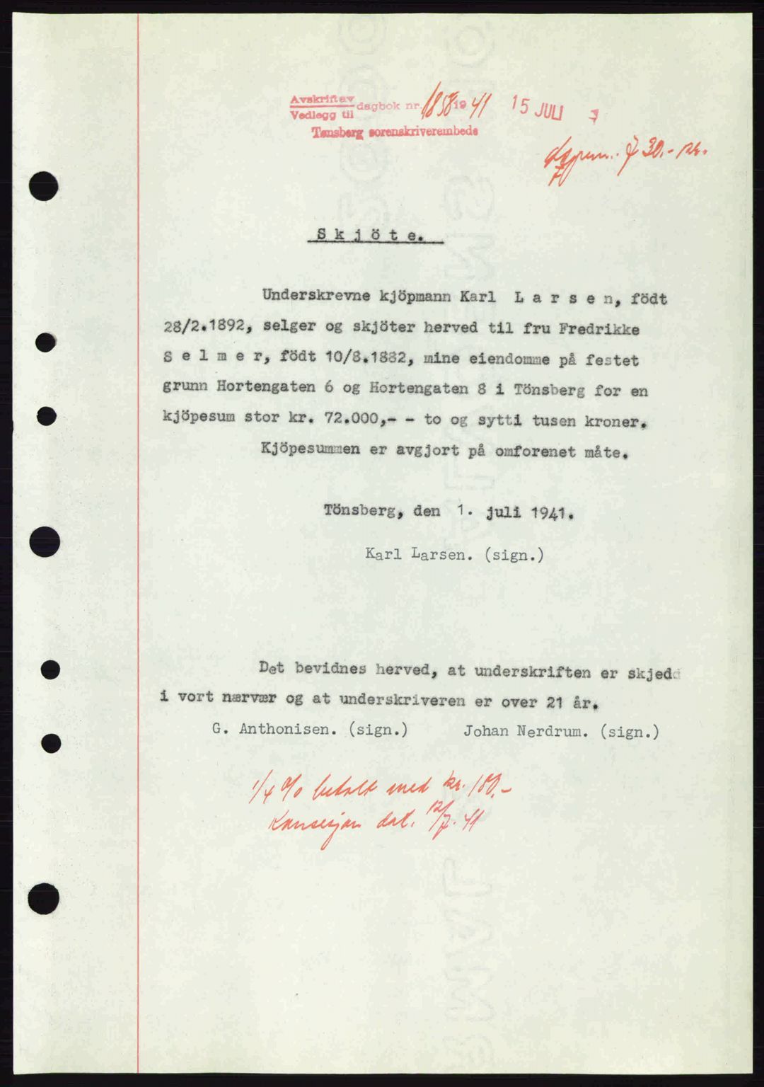 Tønsberg sorenskriveri, AV/SAKO-A-130/G/Ga/Gaa/L0010: Mortgage book no. A10, 1941-1941, Diary no: : 1858/1941