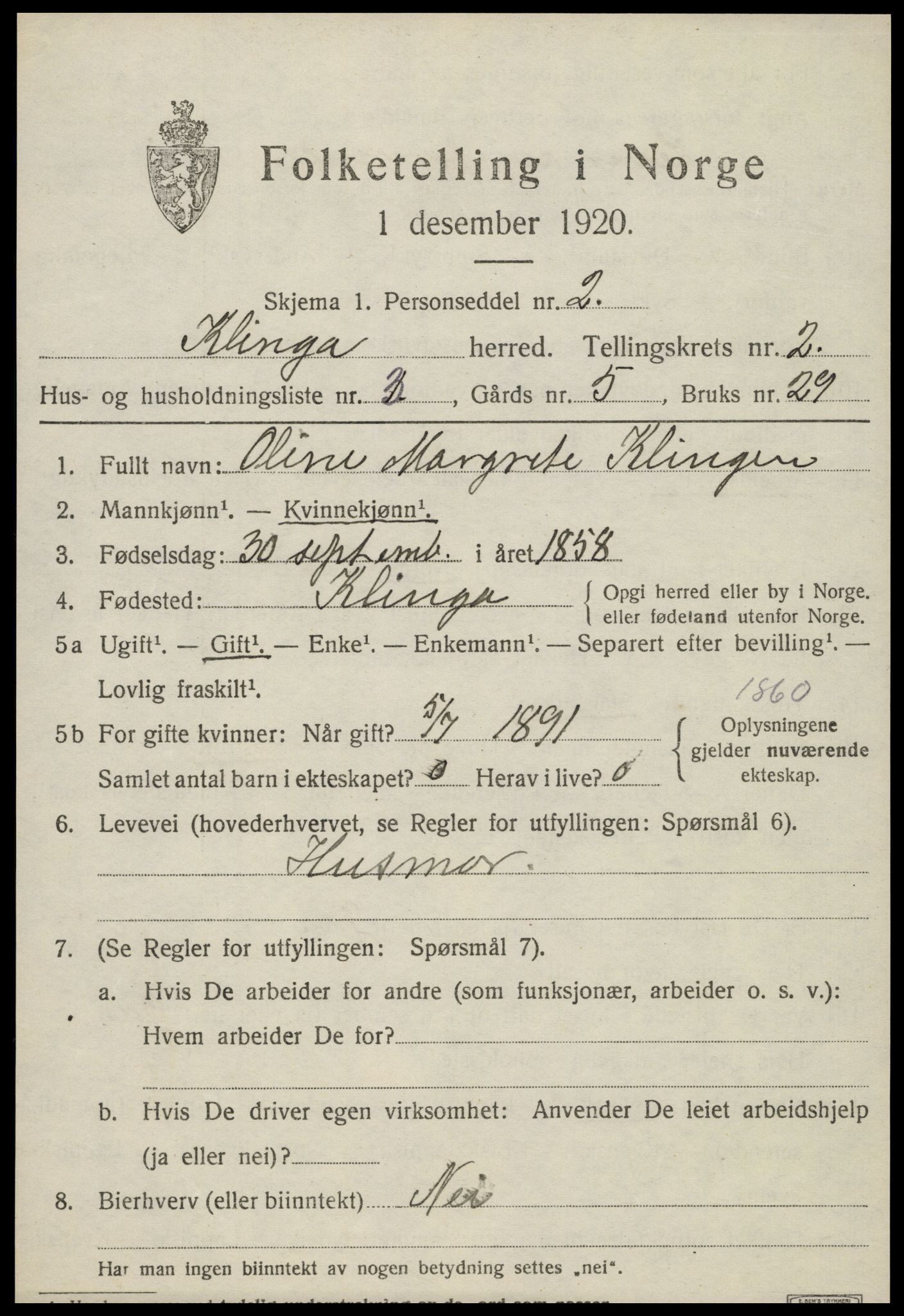 SAT, 1920 census for Klinga, 1920, p. 1417