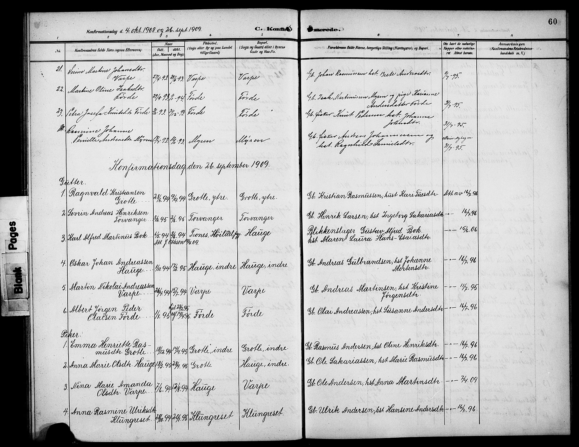 Bremanger sokneprestembete, SAB/A-82201/H/Hab/Habc/L0001: Parish register (copy) no. C 1, 1908-1919, p. 60