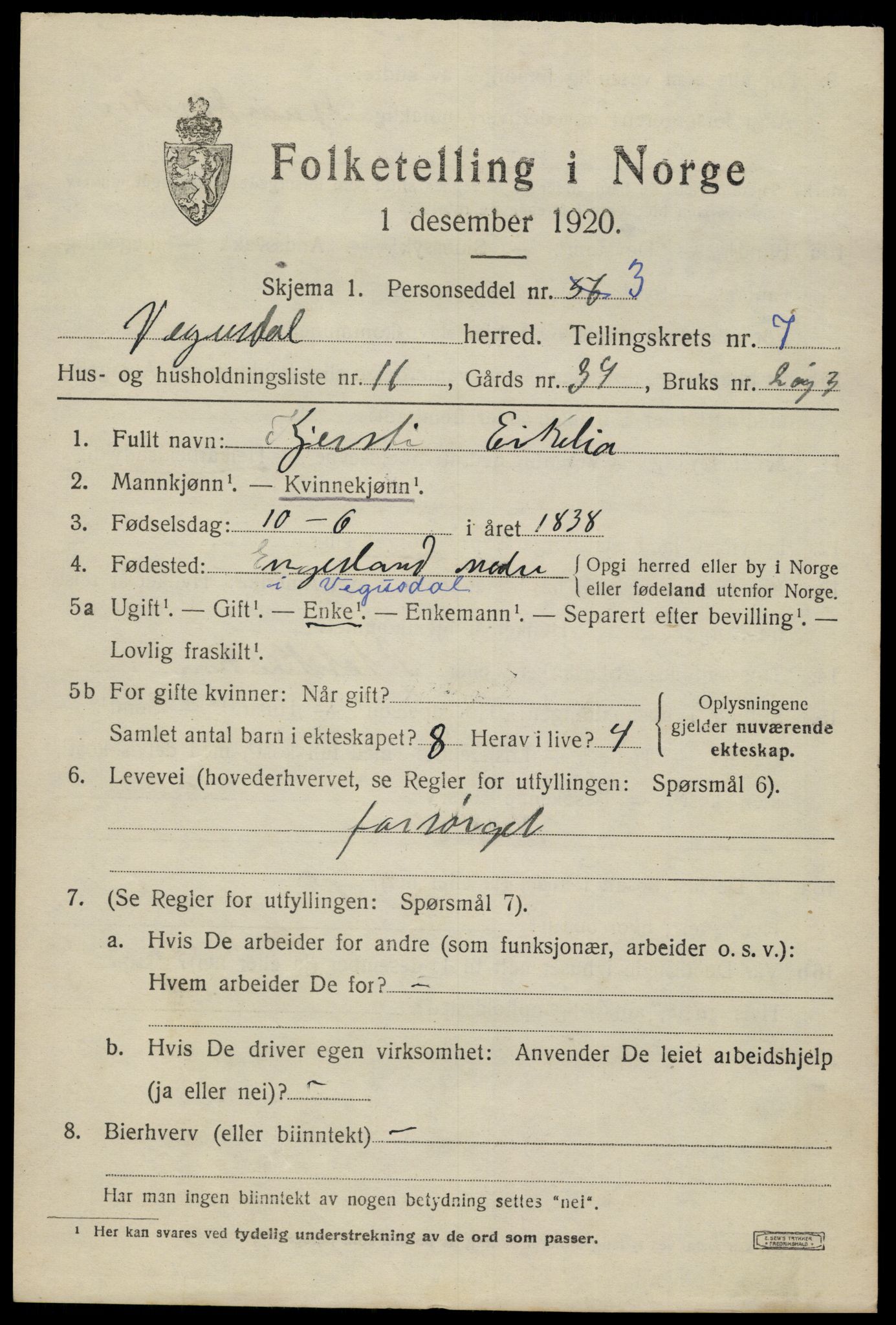 SAK, 1920 census for Vegusdal, 1920, p. 1781