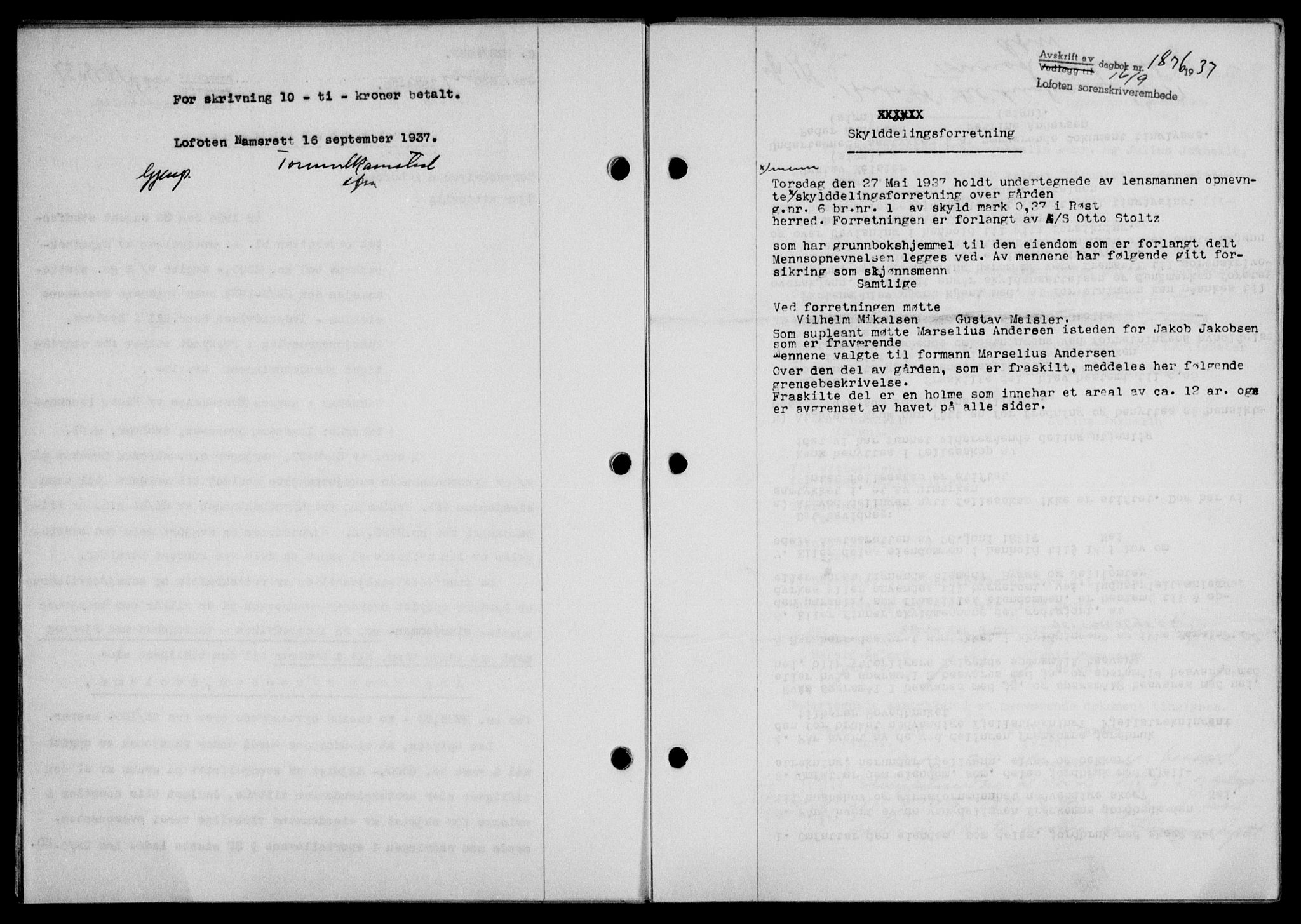 Lofoten sorenskriveri, SAT/A-0017/1/2/2C/L0002a: Mortgage book no. 2a, 1937-1937, Diary no: : 1876/1937