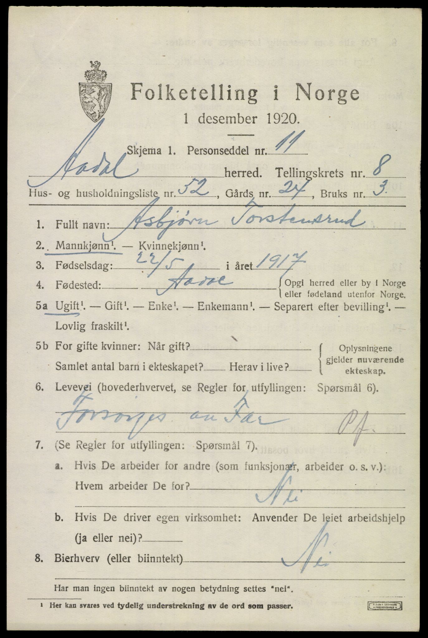 SAKO, 1920 census for Ådal, 1920, p. 5962