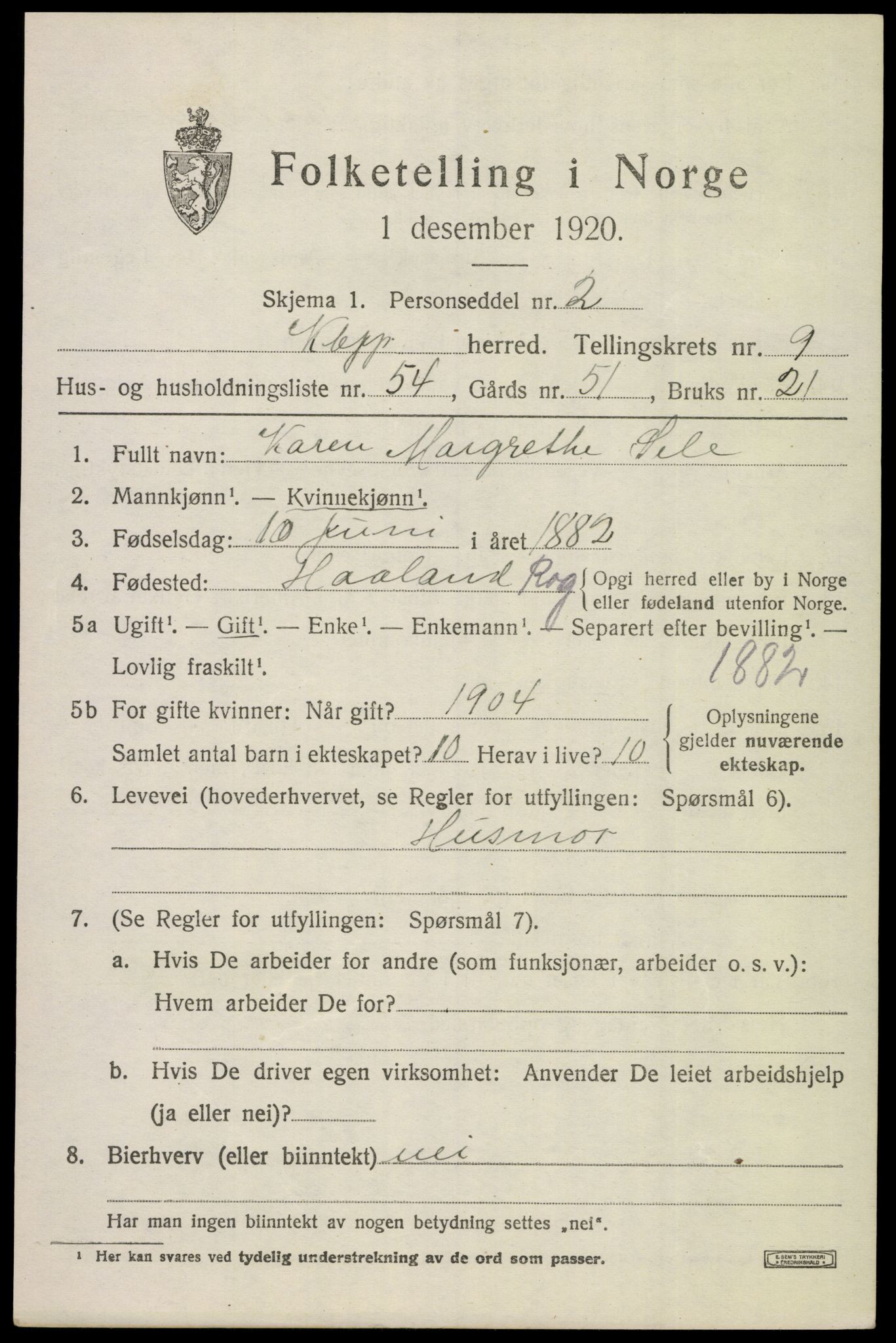 SAST, 1920 census for Klepp, 1920, p. 8244