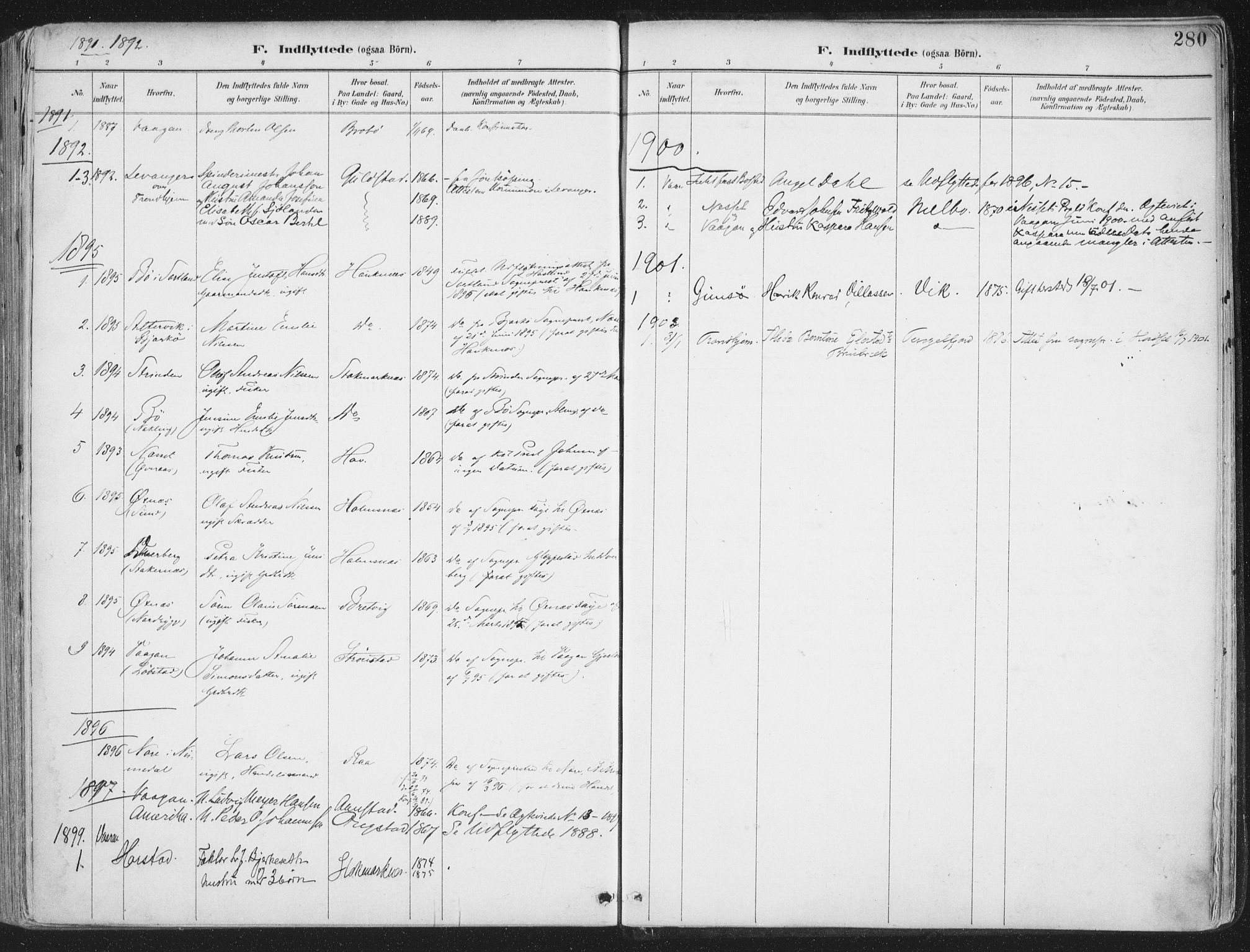 Ministerialprotokoller, klokkerbøker og fødselsregistre - Nordland, SAT/A-1459/888/L1246: Parish register (official) no. 888A12, 1891-1903, p. 280