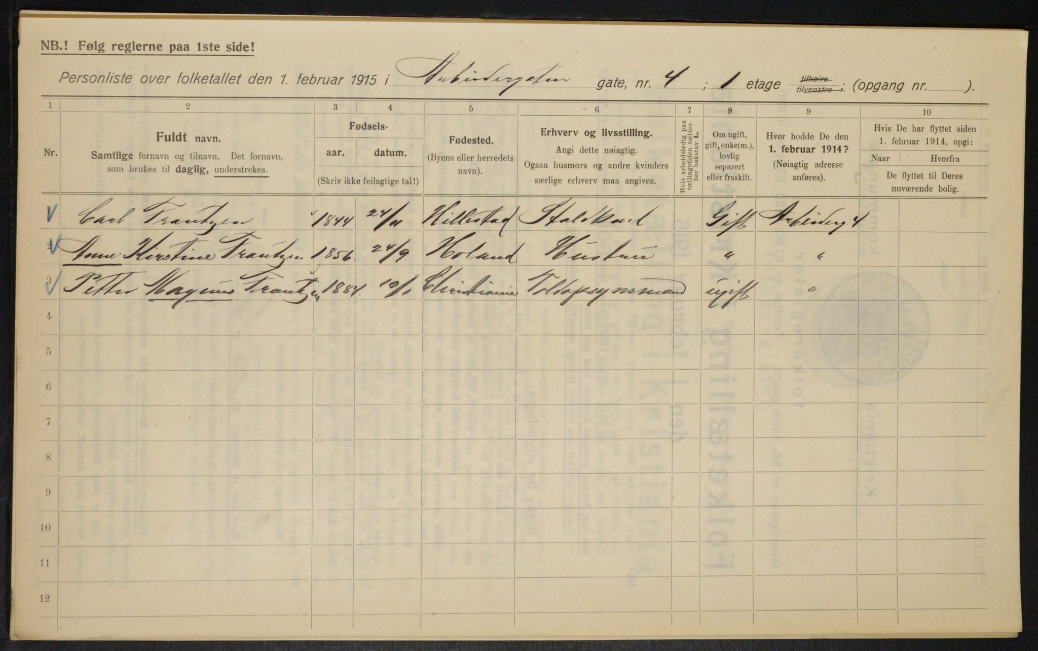 OBA, Municipal Census 1915 for Kristiania, 1915, p. 1457