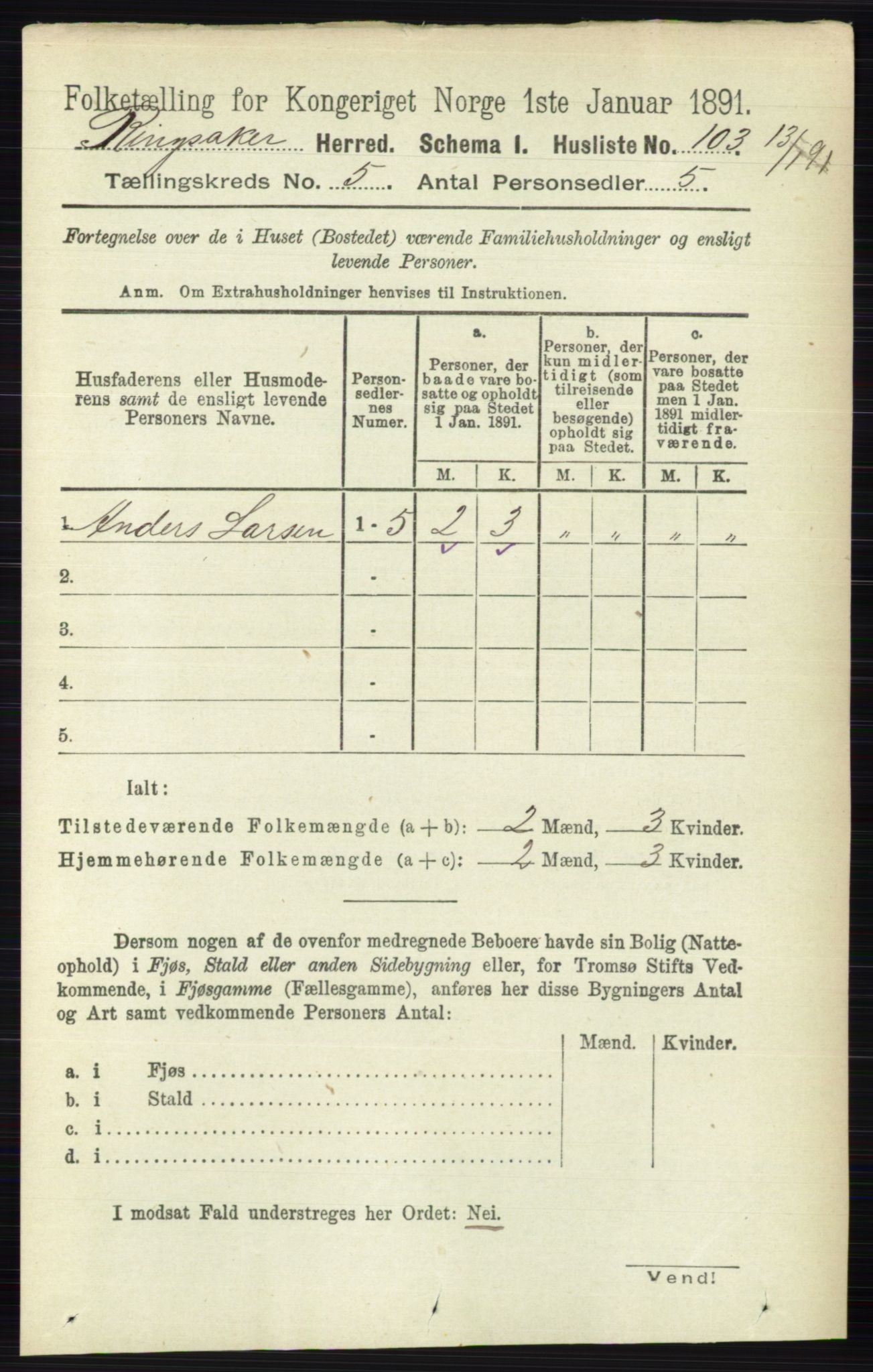 RA, 1891 census for 0412 Ringsaker, 1891, p. 2398